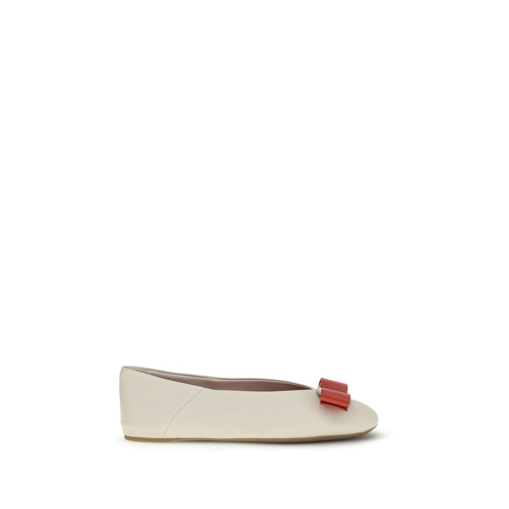 Ferragamo White Calf Leather Bos Taurus Ballet Flats Ferragamo