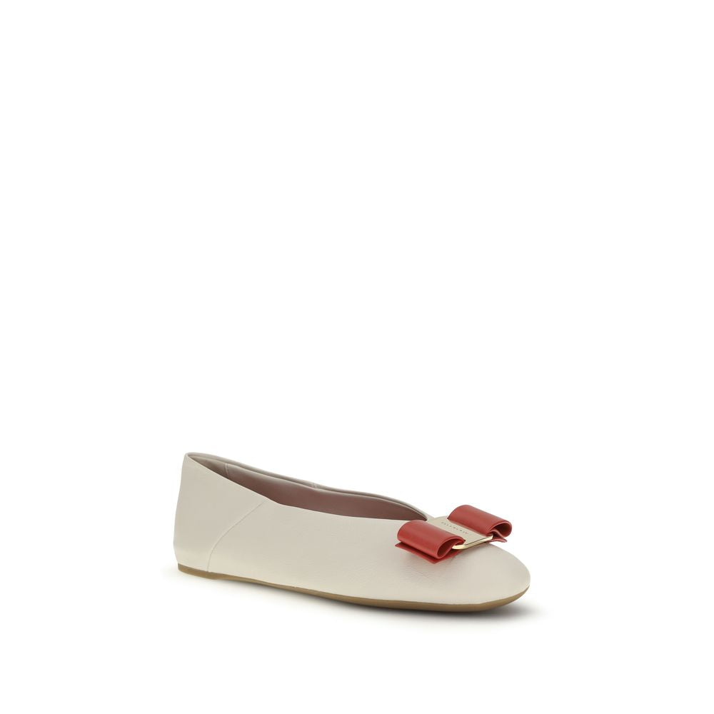 Ferragamo White Calf Leather Bos Taurus Ballet Flats Ferragamo
