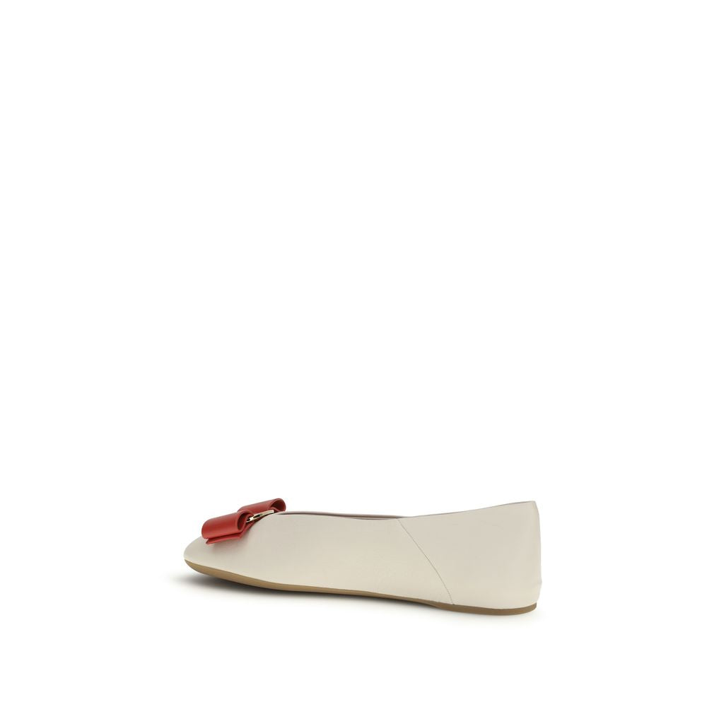 Ferragamo White Calf Leather Bos Taurus Ballet Flats Ferragamo