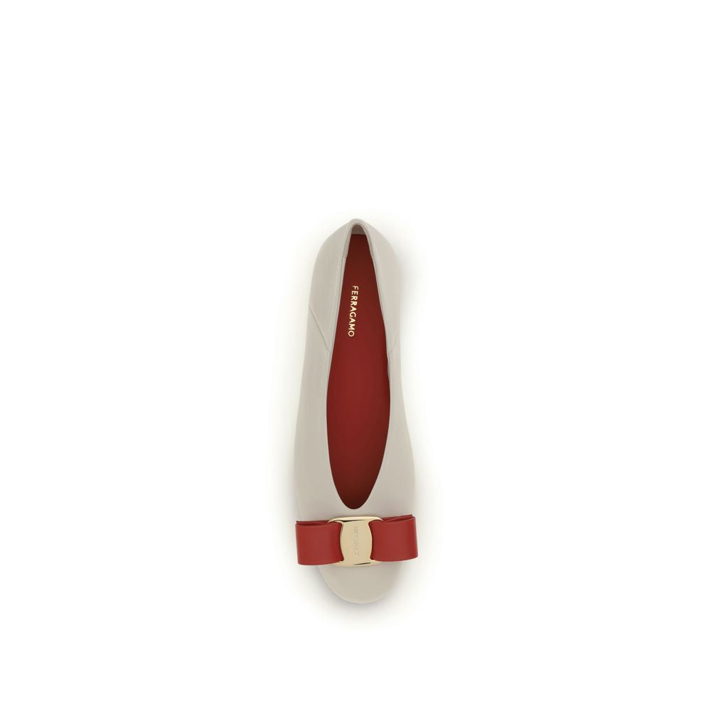 Ferragamo White Calf Leather Bos Taurus Ballet Flats Ferragamo