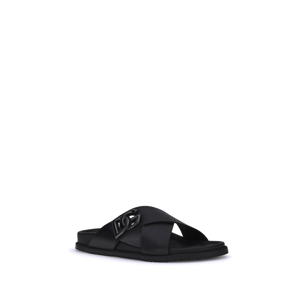 Dolce & Gabbana Black Calf Leather Bos Taurus Flat Sandals Dolce & Gabbana