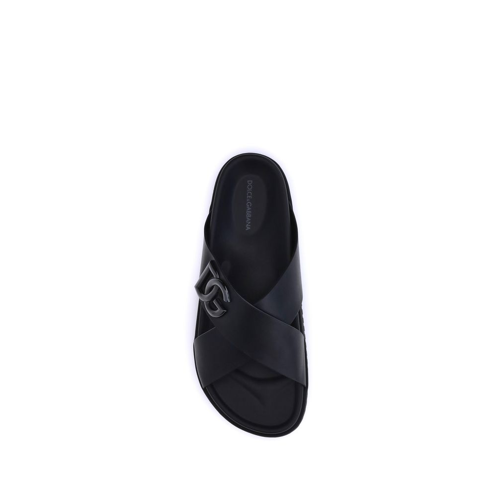 Dolce & Gabbana Black Calf Leather Bos Taurus Flat Sandals Dolce & Gabbana