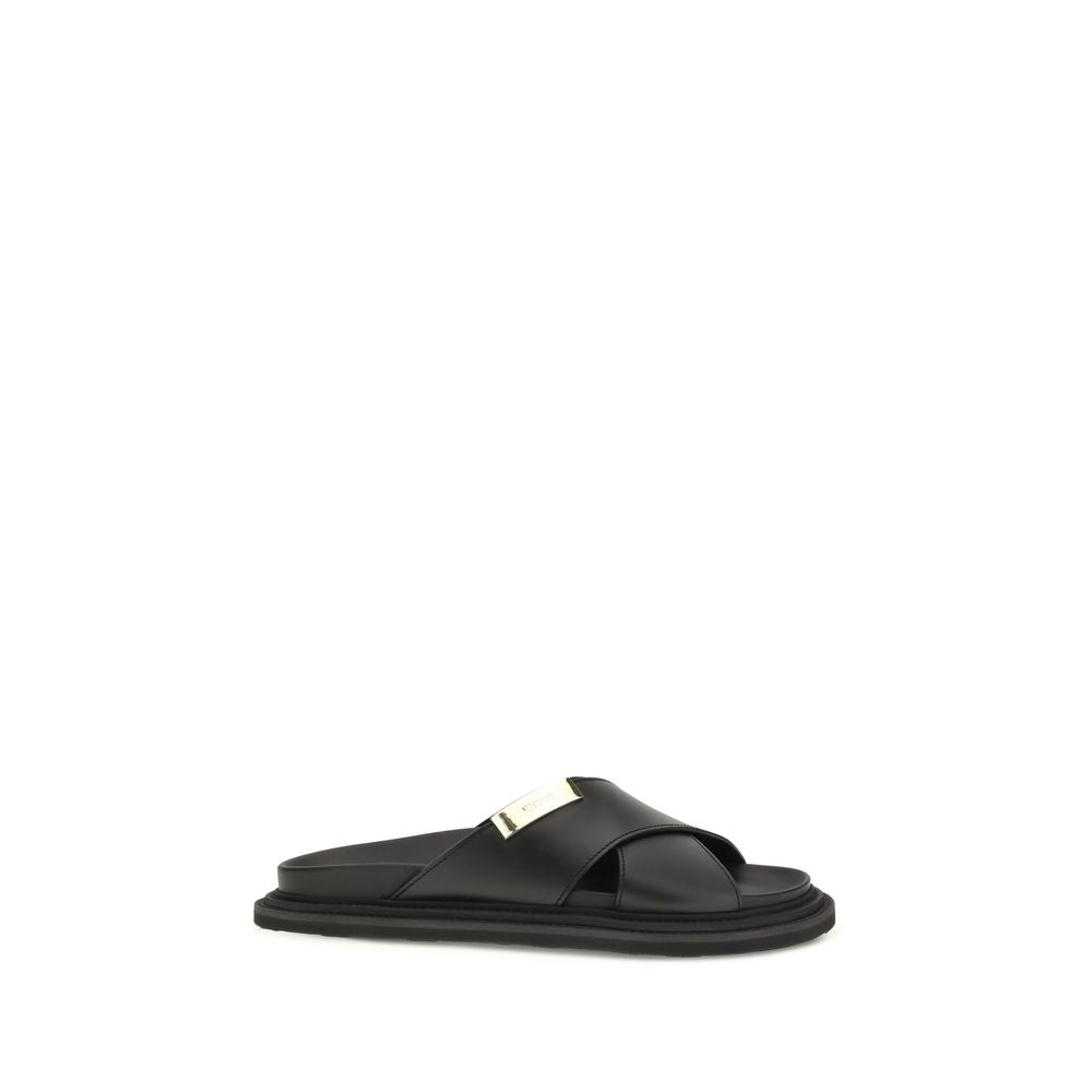 Moschino Black Calf Leather Bos Taurus Flat Sandals Moschino