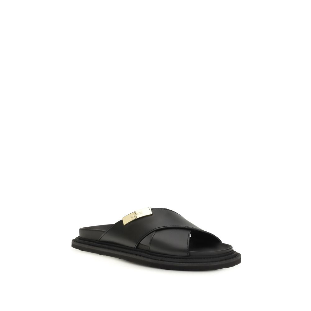 Moschino Black Calf Leather Bos Taurus Flat Sandals Moschino