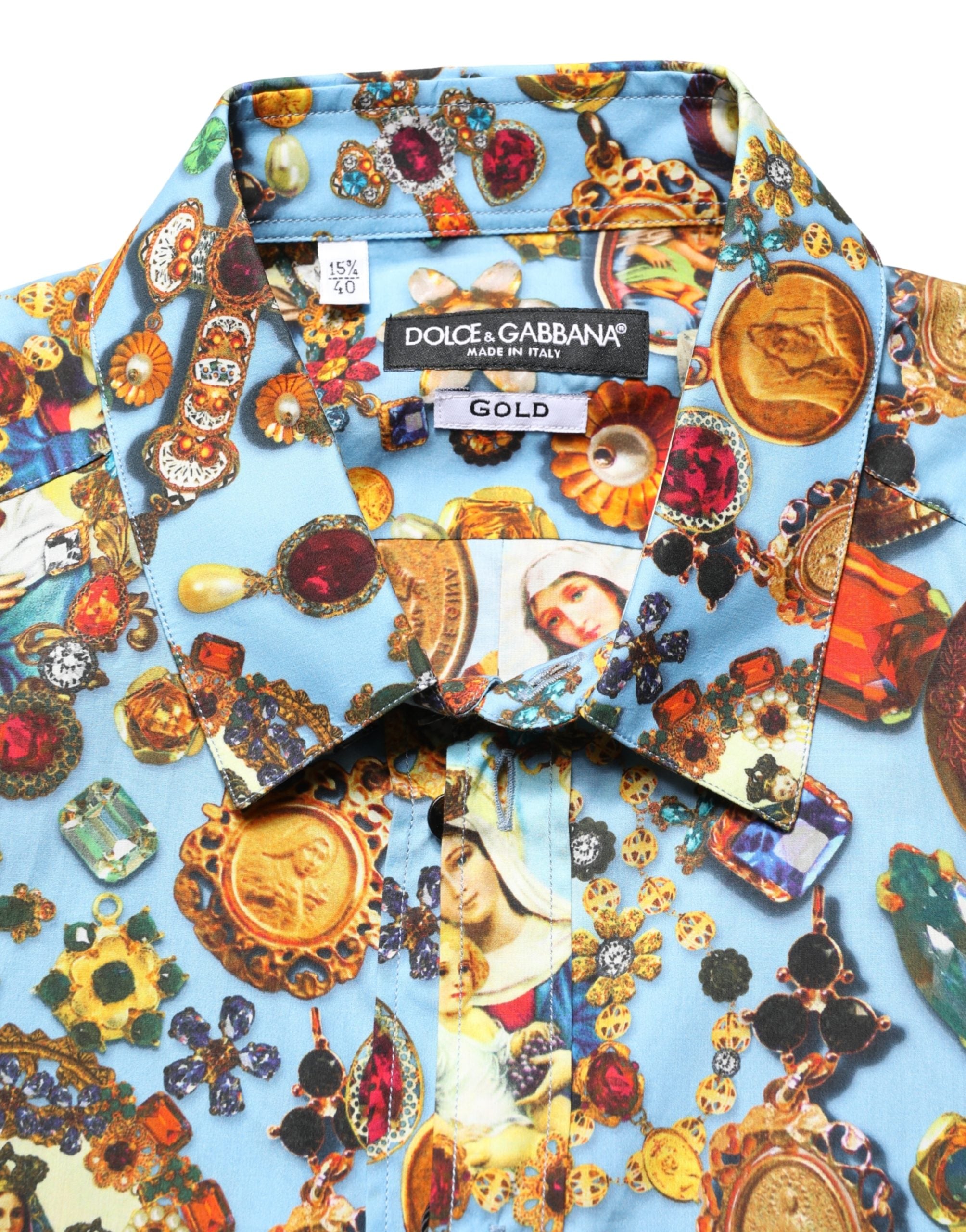 Dolce & Gabbana Blue Cotton Jewel Print Button Down GOLD Shirt Dolce & Gabbana
