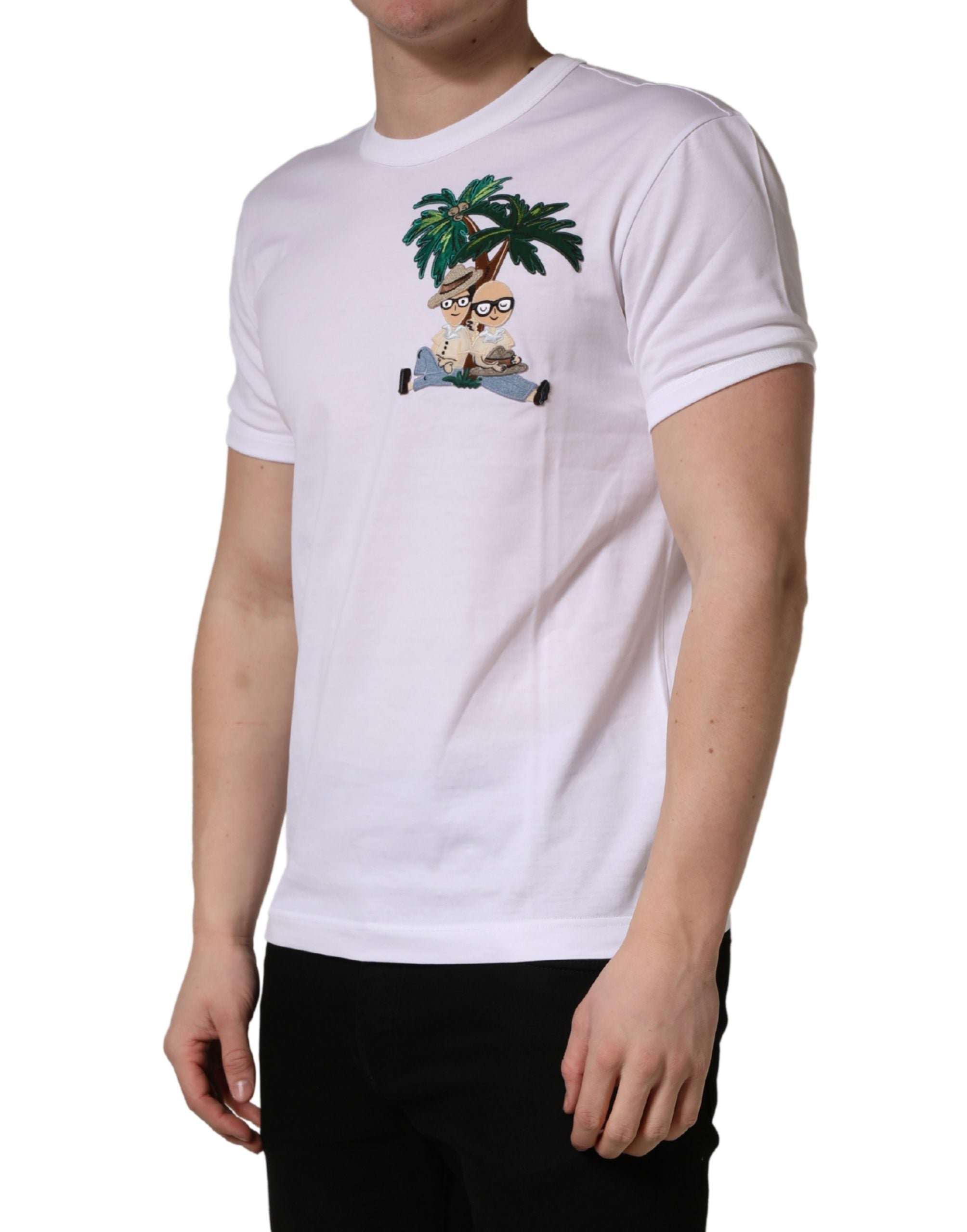 Dolce & Gabbana White Palm Embroidered Men Crew Neck T-shirt Dolce & Gabbana