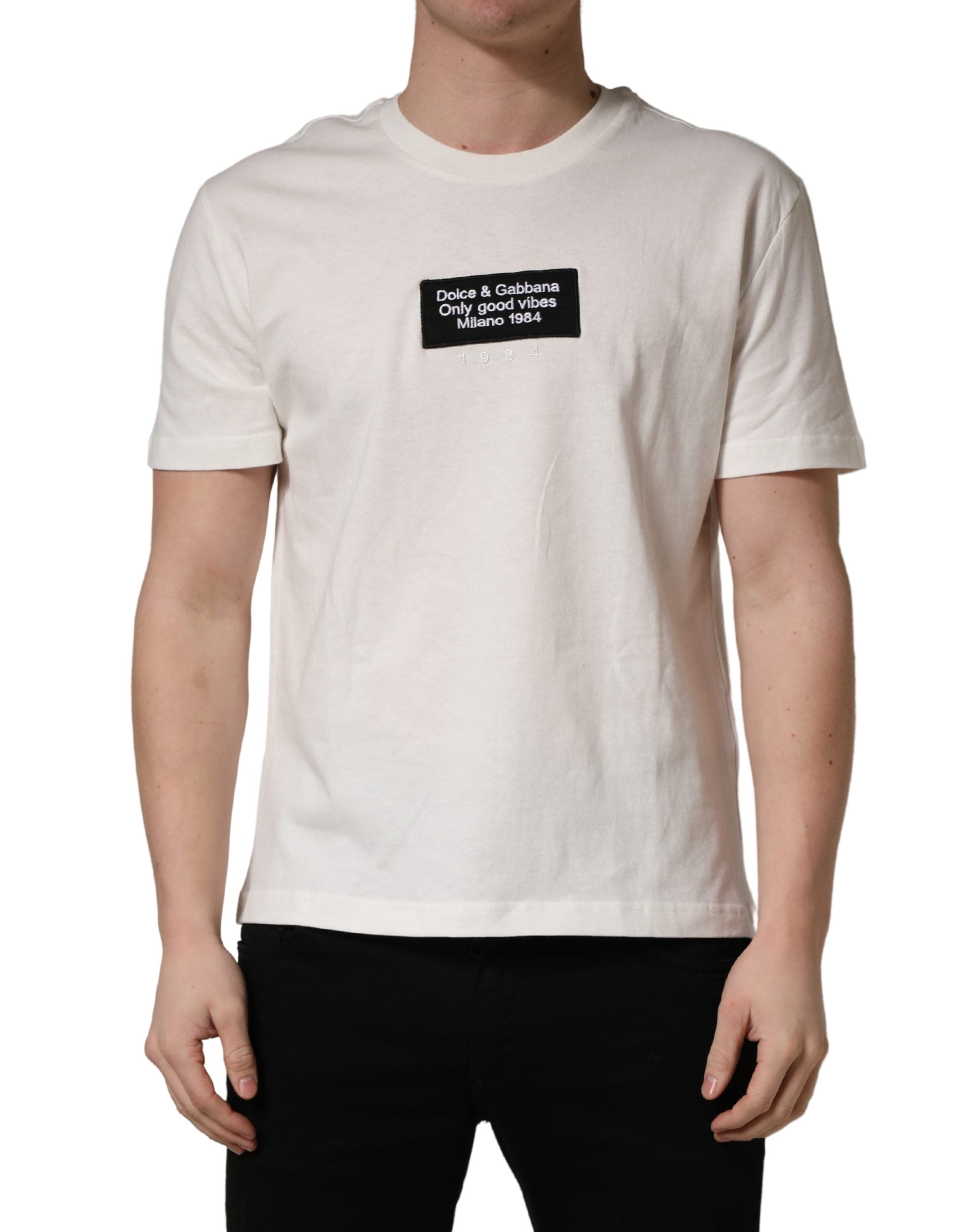 Dolce & Gabbana White Logo Patch Cotton Men Crew Neck T-shirt Dolce & Gabbana