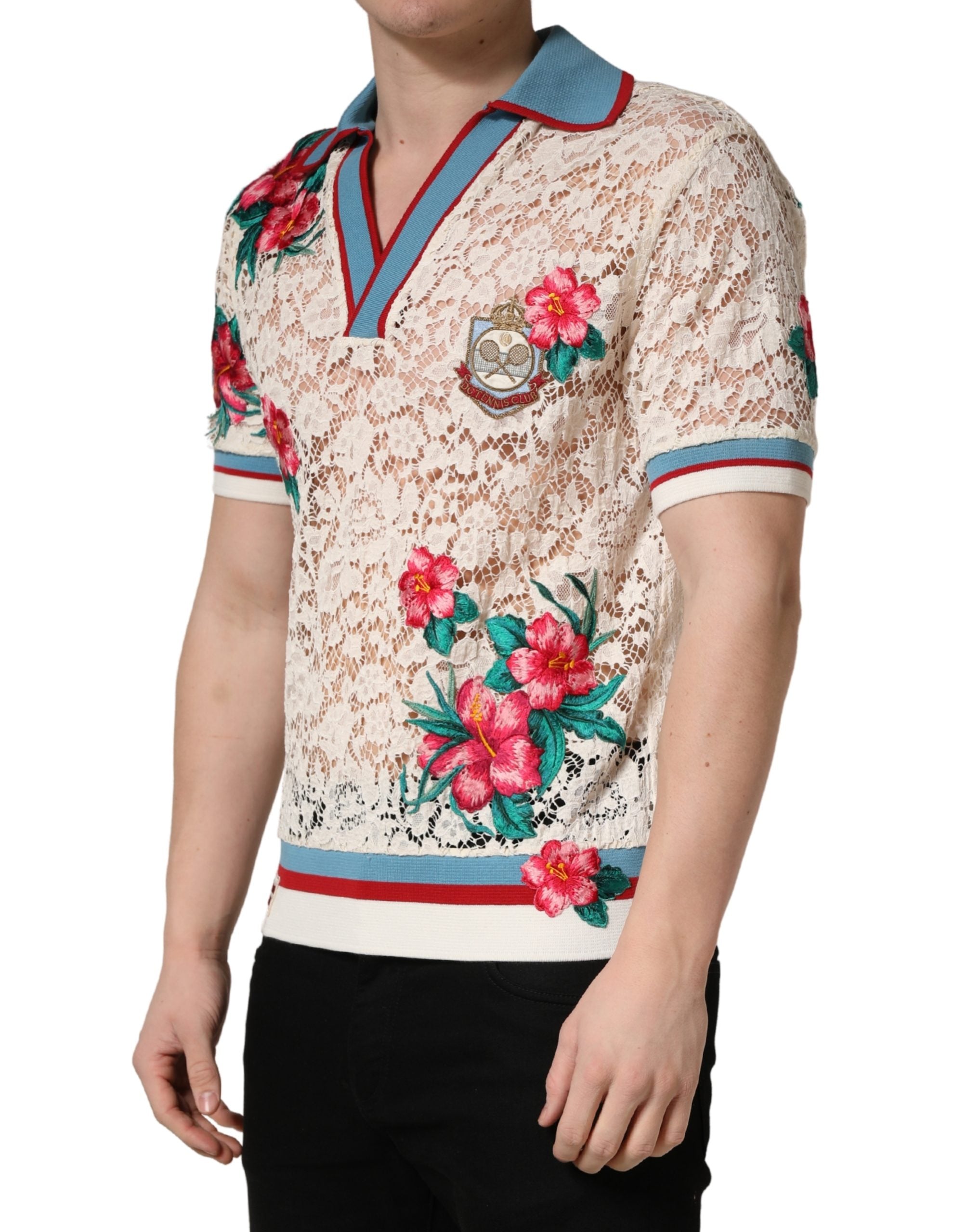 Dolce & Gabbana Beige Floral Tennis Club Lace Polo T-shirt Dolce & Gabbana