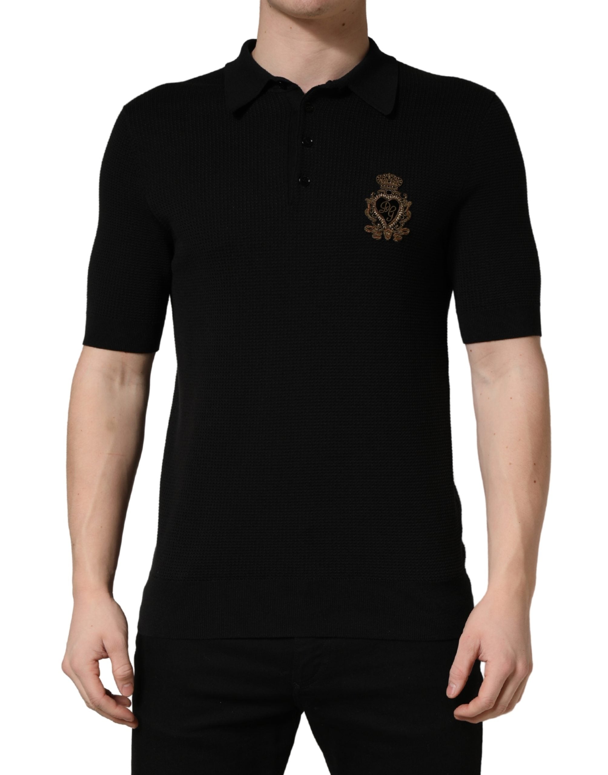 Dolce & Gabbana Black Heraldic Crest Patch Silk Polo T-shirt Dolce & Gabbana