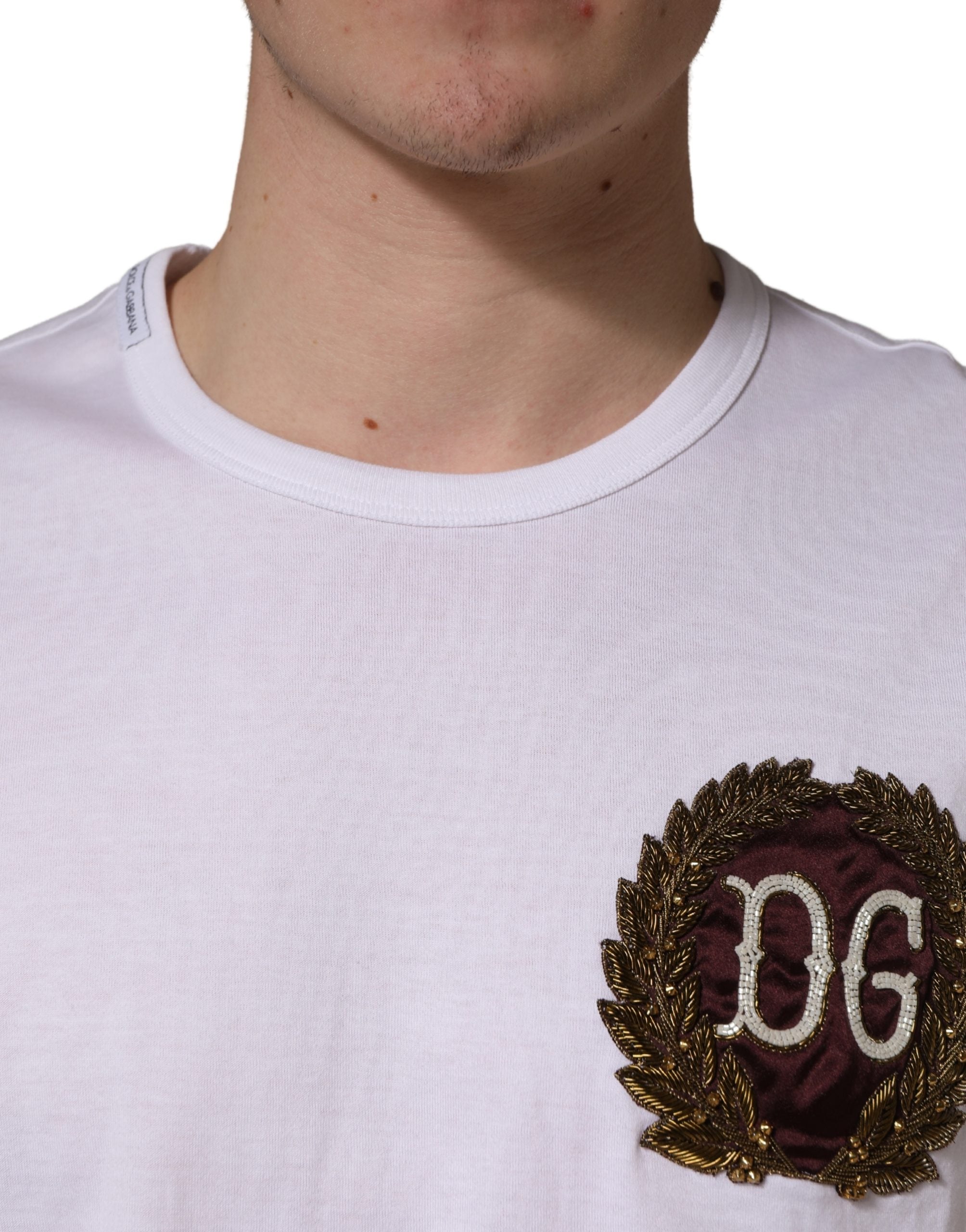 Dolce & Gabbana White DG Leaf Embroidery Crew Neck T-shirt Dolce & Gabbana