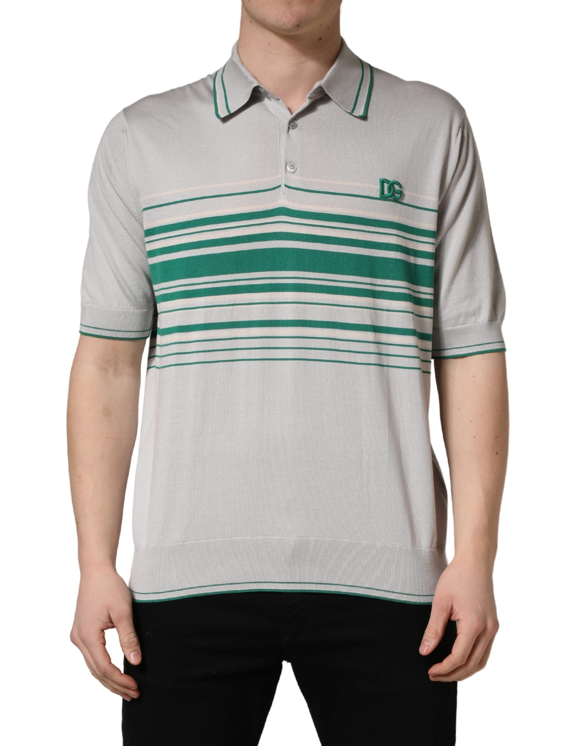 Dolce & Gabbana Gray Green Striped Logo Silk Polo T-shirt Dolce & Gabbana