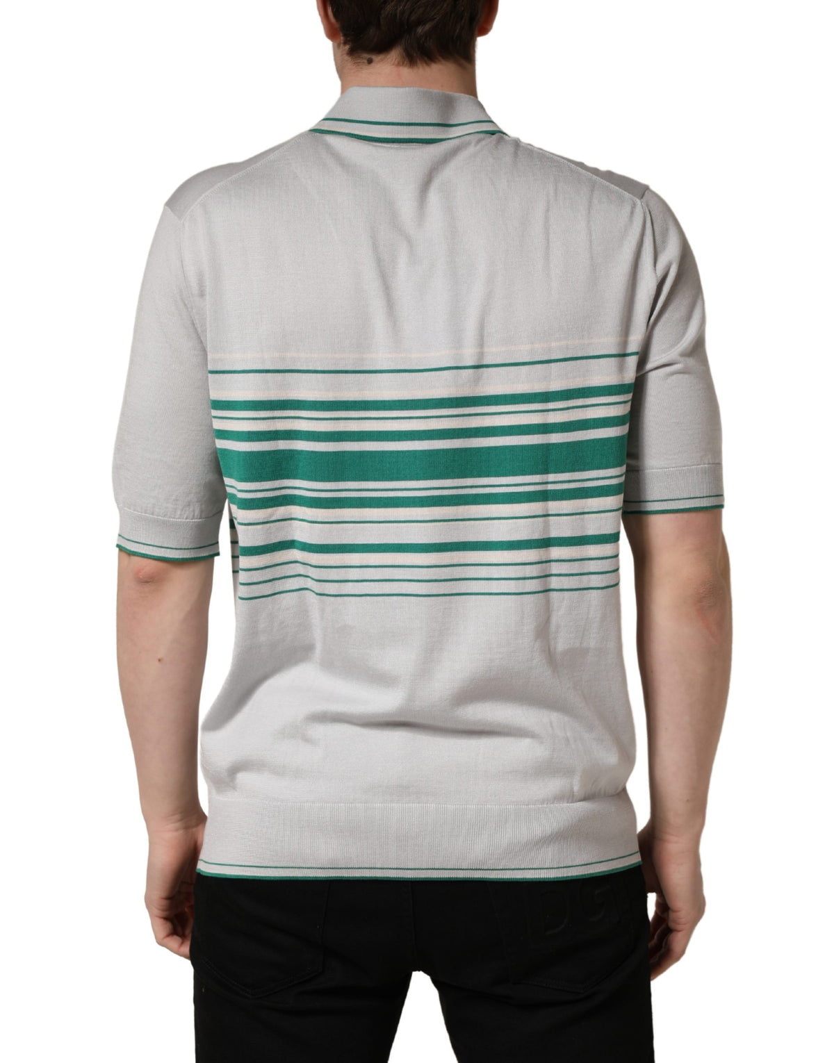 Dolce & Gabbana Gray Green Striped Logo Silk Polo T-shirt
