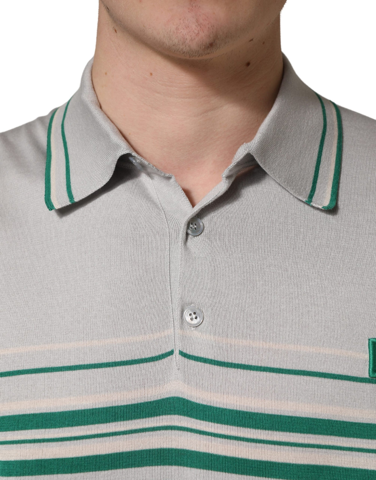 Dolce & Gabbana Gray Green Striped Logo Silk Polo T-shirt