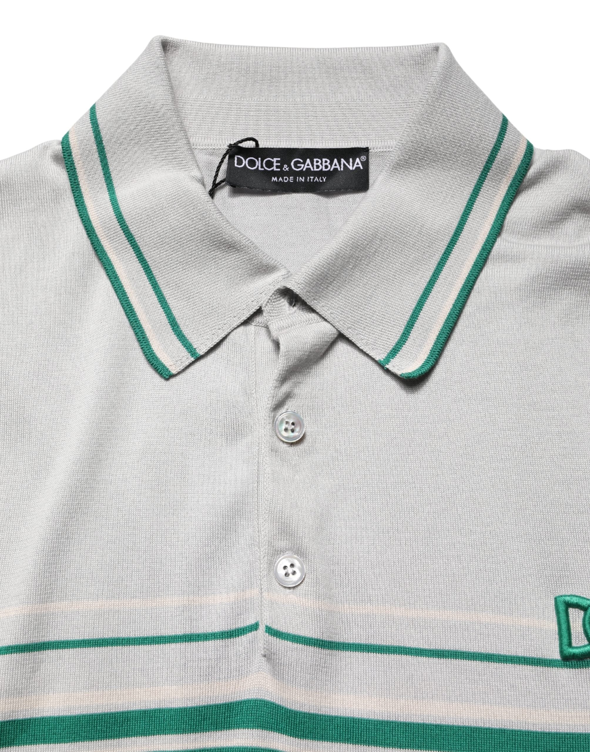 Dolce & Gabbana Gray Green Striped Logo Silk Polo T-shirt Dolce & Gabbana