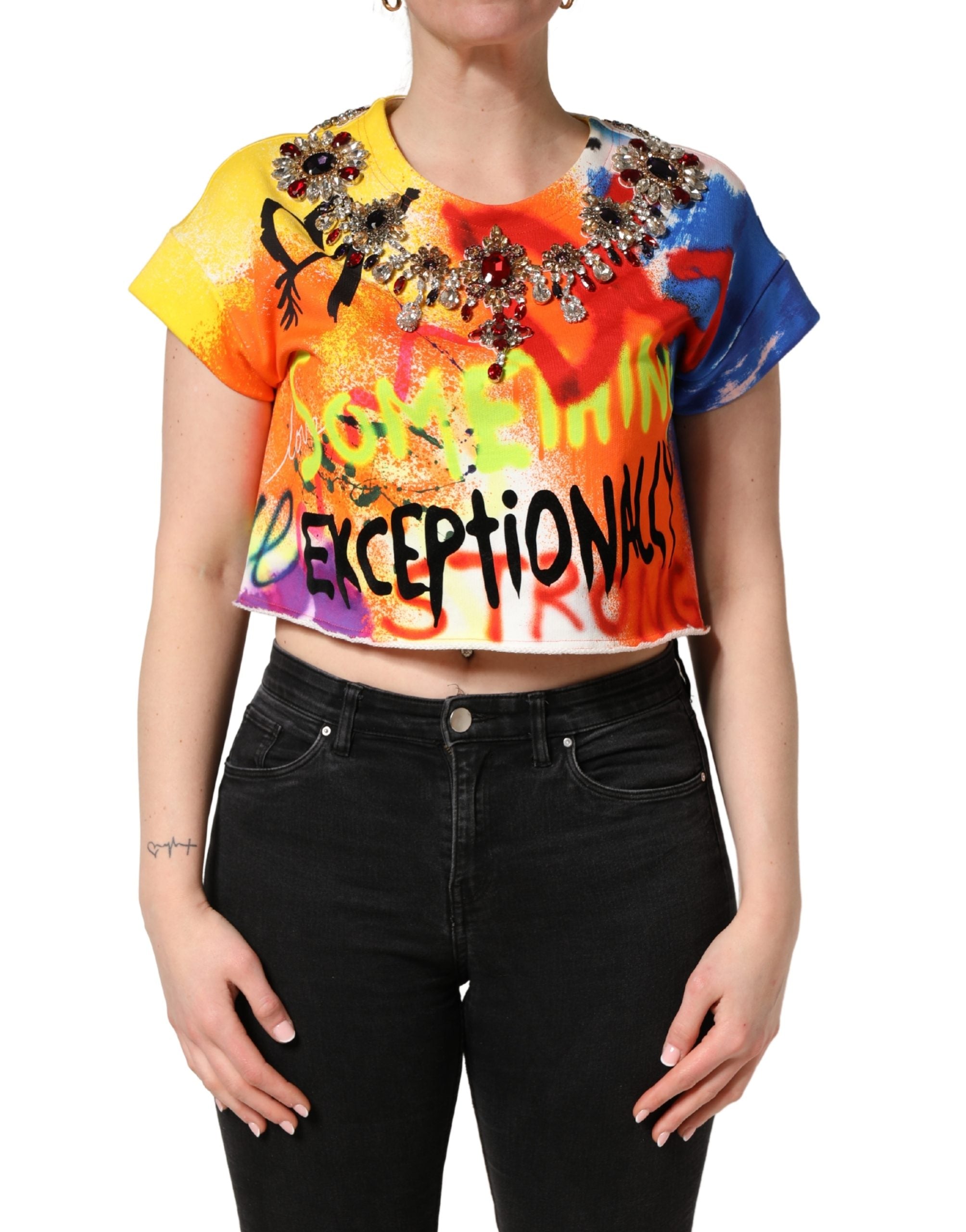 Dolce & Gabbana Multicolor Graffiti Crystals Crop Jersey Top Dolce & Gabbana