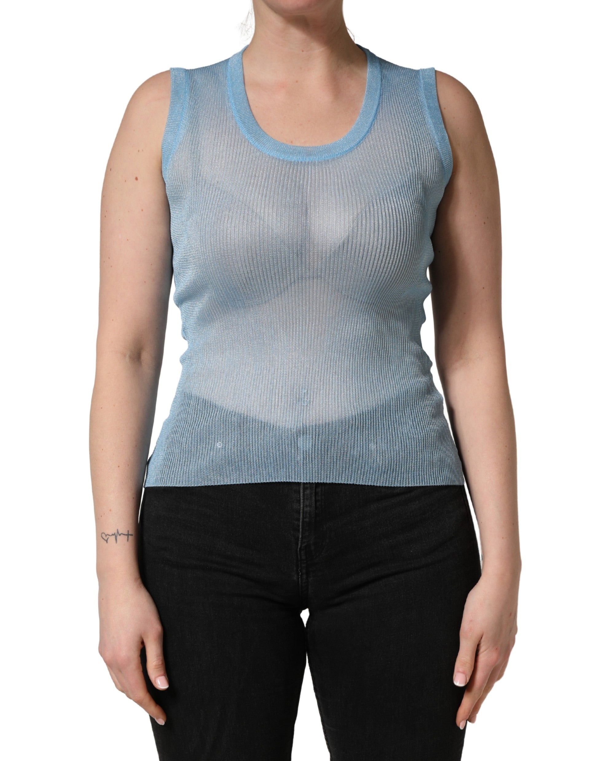 Dolce & Gabbana Blue Semi Sheer Ribbed Sleeveless Tank Top Dolce & Gabbana