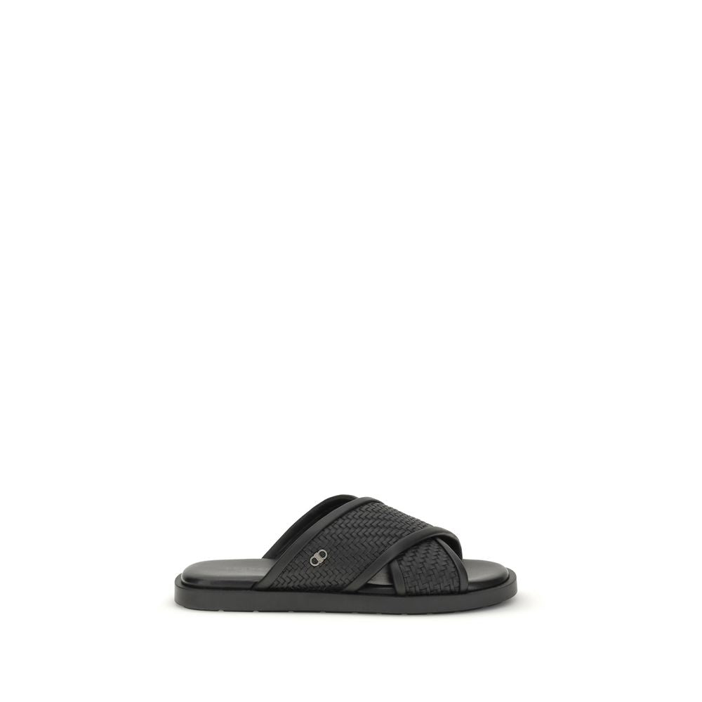Ferragamo Black Calf Leather Bos Taurus Flat Sandals Ferragamo