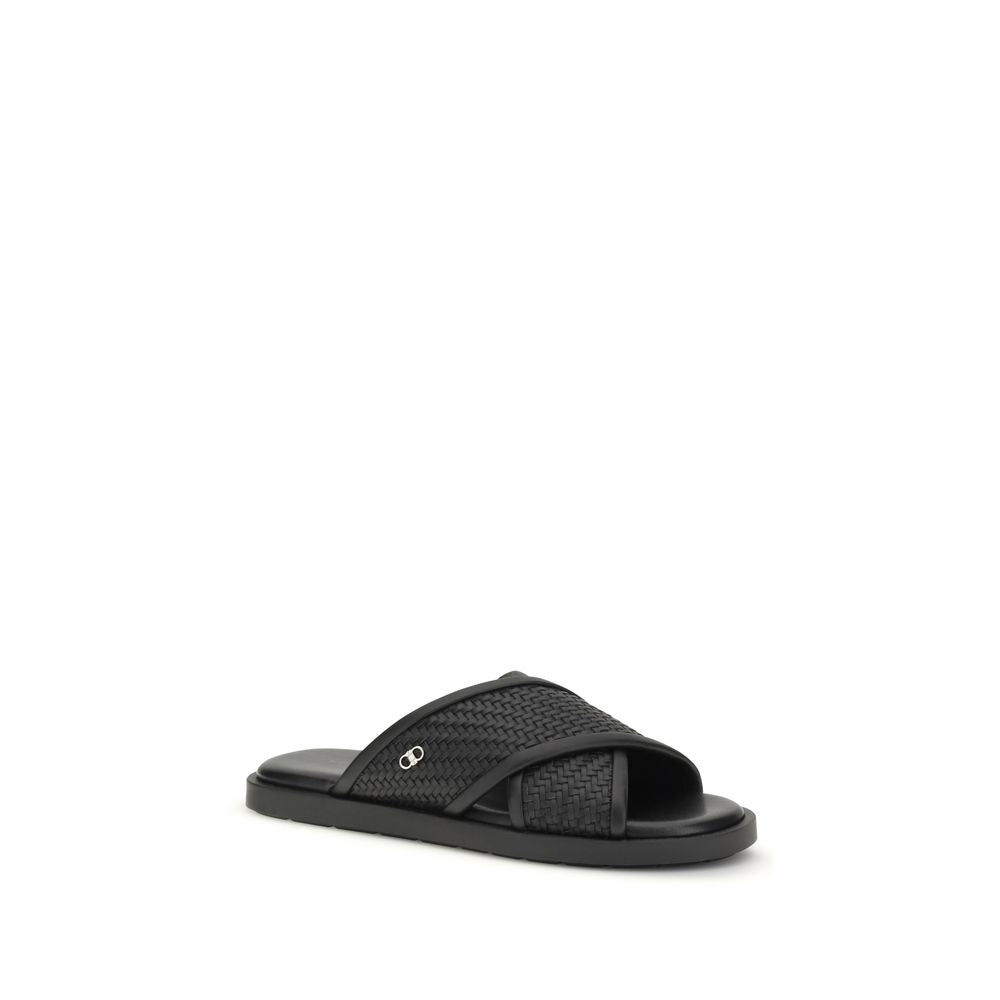 Ferragamo Black Calf Leather Bos Taurus Flat Sandals Ferragamo