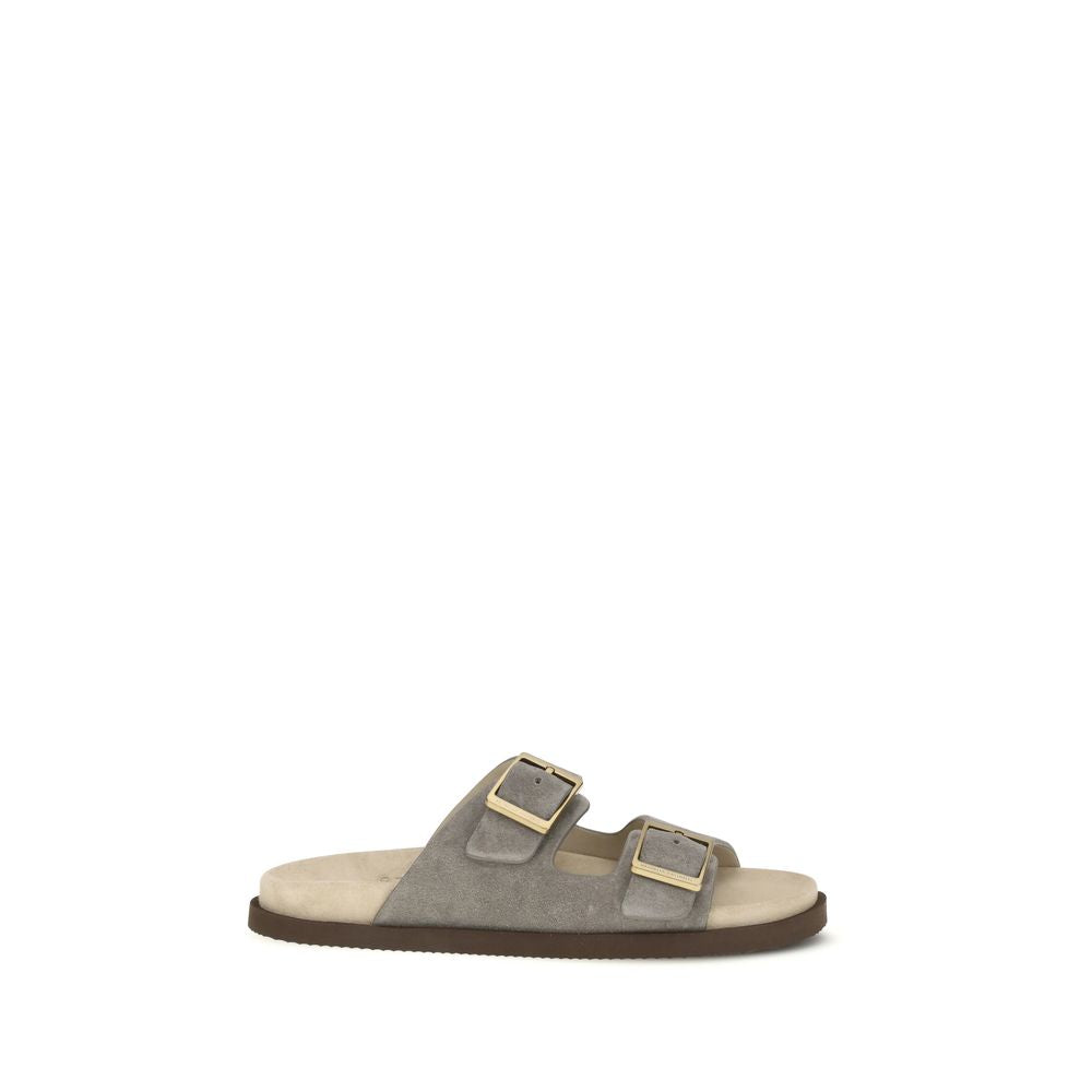Brunello Cucinelli Gray Calf Leather Bos Taurus Flat Sandals Brunello Cucinelli