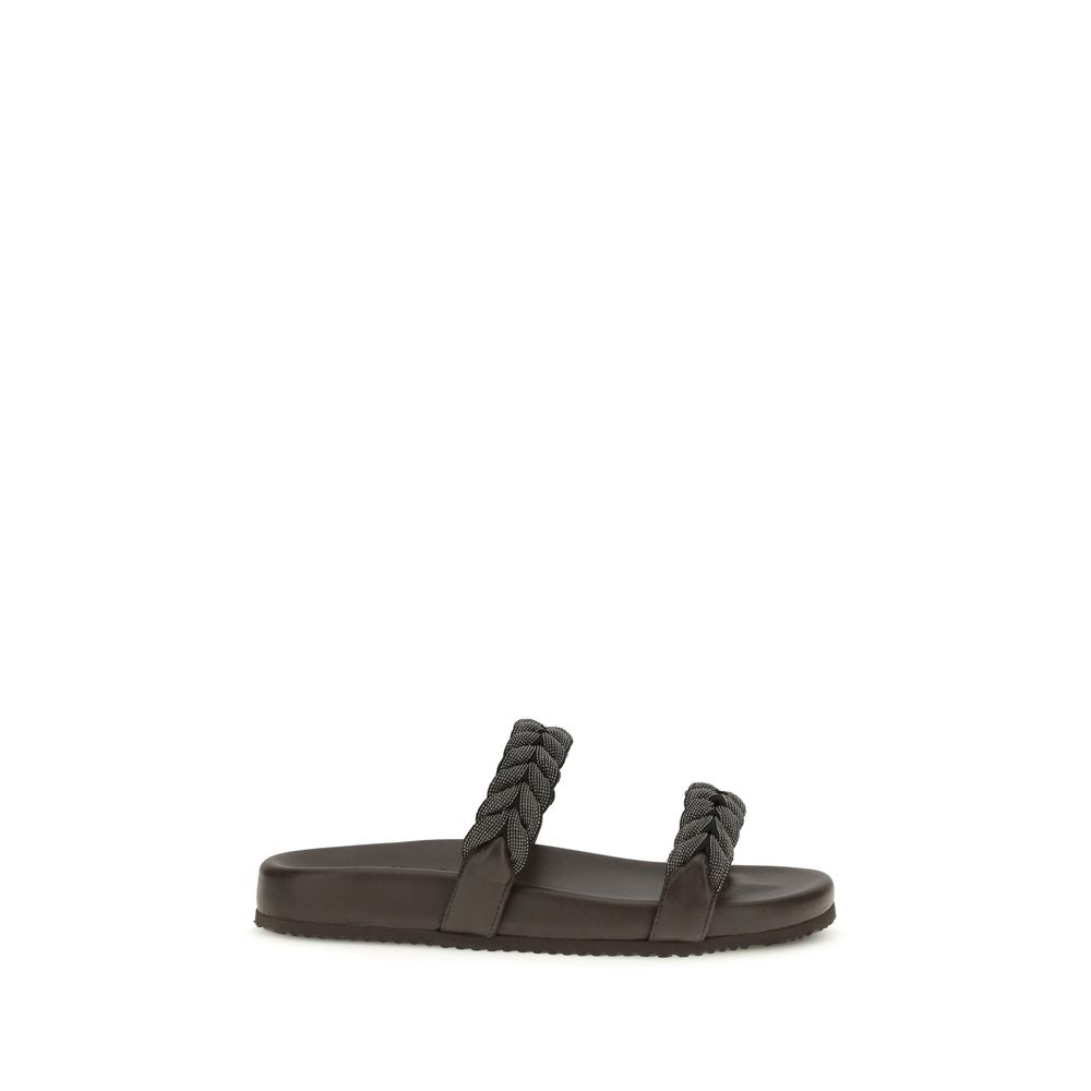 Brunello Cucinelli Brown Calf Leather Bos Taurus Flat Sandals Brunello Cucinelli