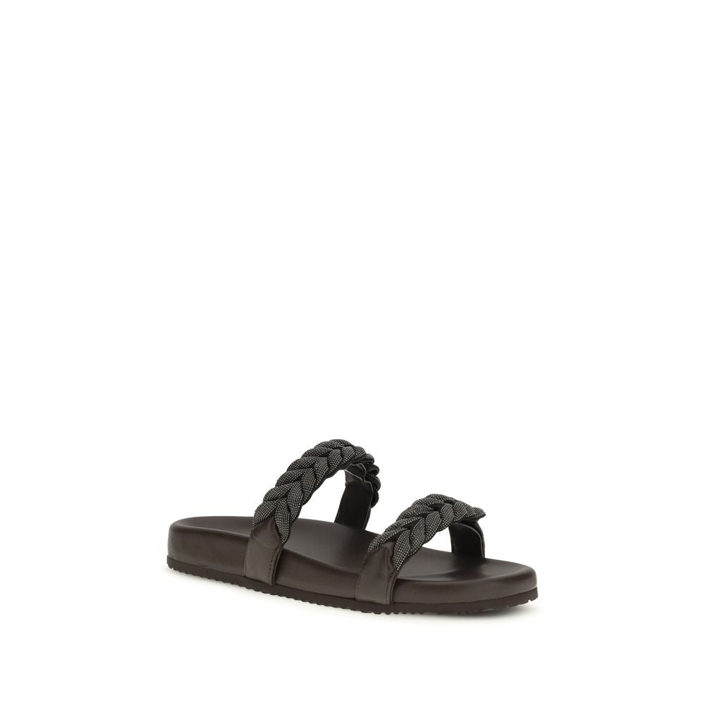 Brunello Cucinelli Brown Calf Leather Bos Taurus Flat Sandals Brunello Cucinelli
