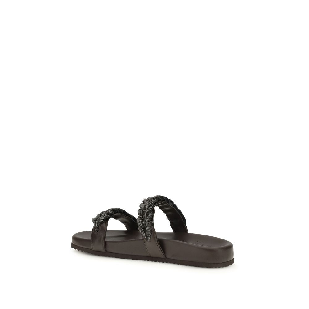 Brunello Cucinelli Brown Calf Leather Bos Taurus Flat Sandals Brunello Cucinelli