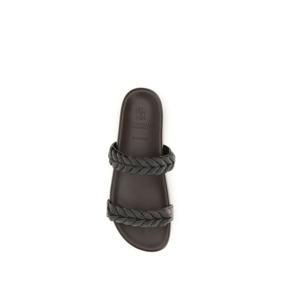 Brunello Cucinelli Brown Calf Leather Bos Taurus Flat Sandals Brunello Cucinelli