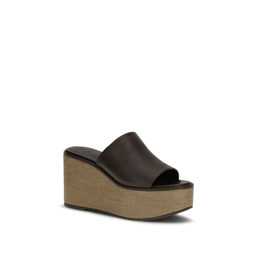 Brunello Cucinelli Brown Calf Leather Bos Taurus Platform Sandals Brunello Cucinelli