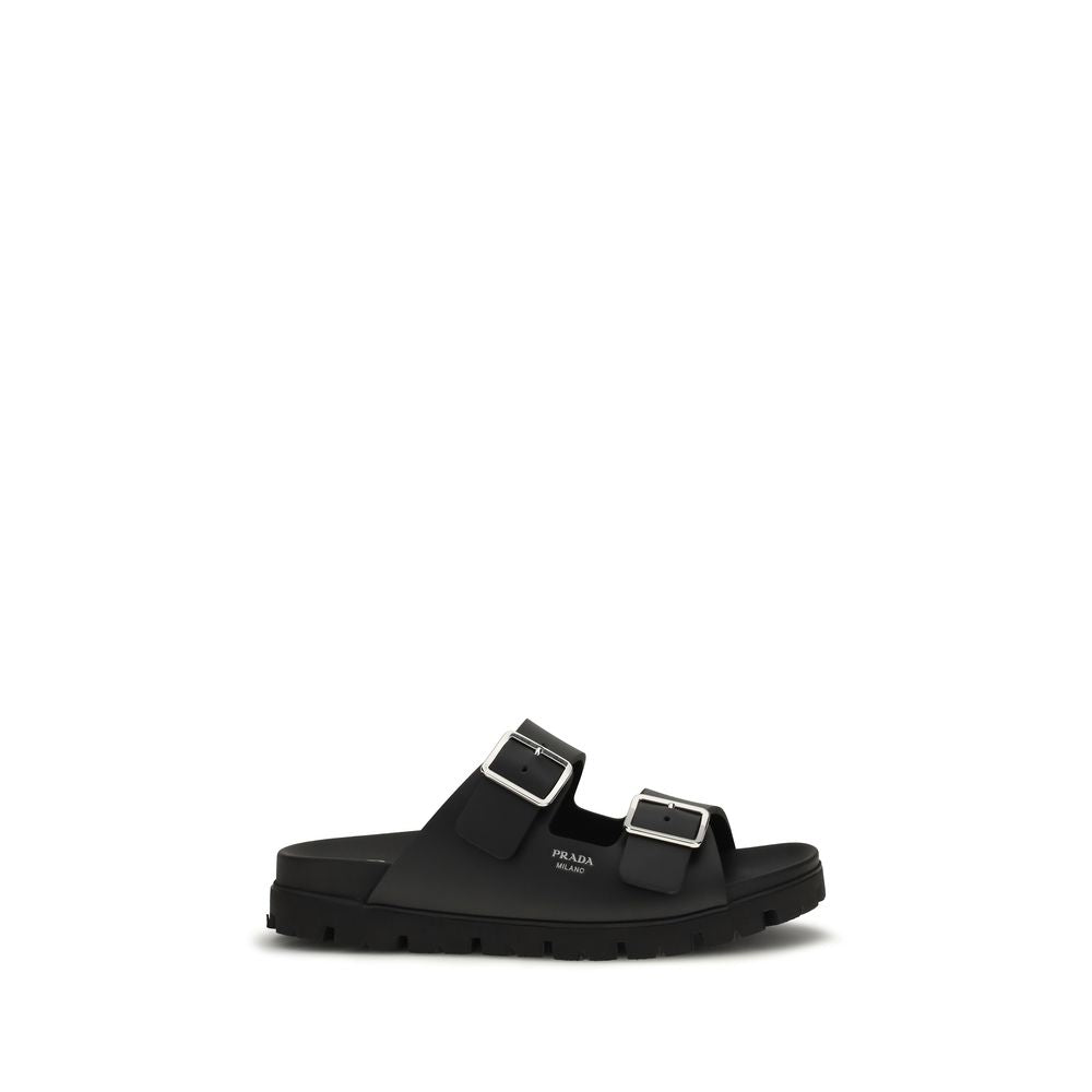 Prada Black Calf Leather Bos Taurus Flat Sandals Prada