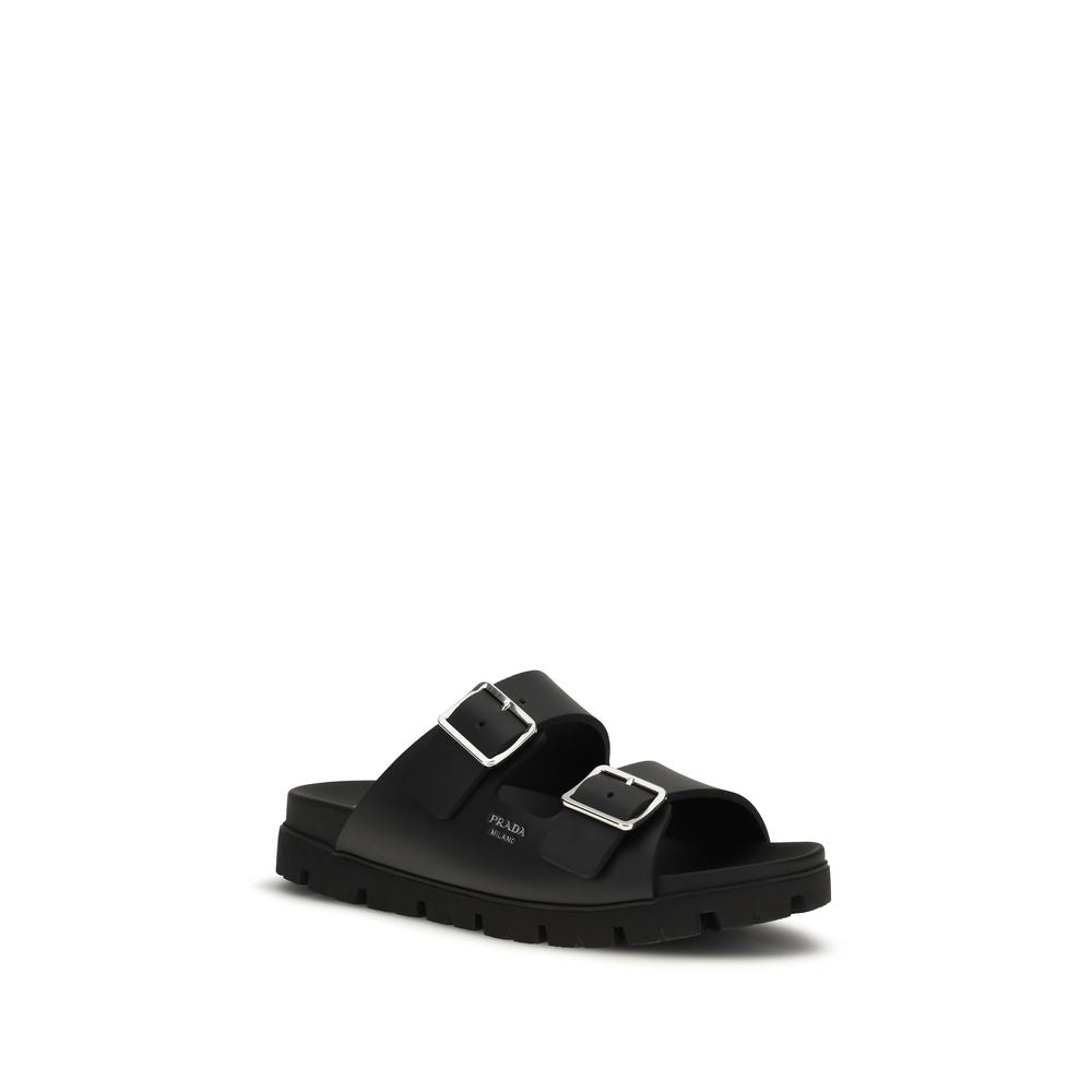 Prada Black Calf Leather Bos Taurus Flat Sandals Prada
