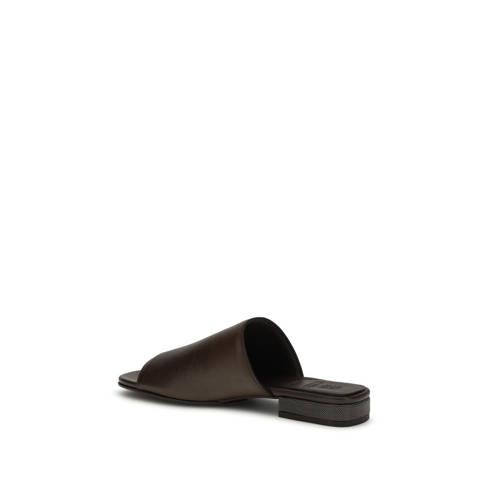 Brunello Cucinelli Brown Calf Leather Bos Taurus Slides Brunello Cucinelli