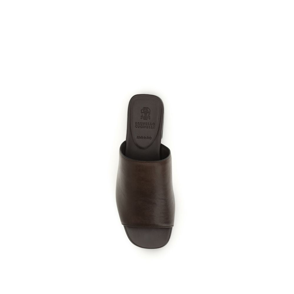 Brunello Cucinelli Brown Calf Leather Bos Taurus Slides Brunello Cucinelli