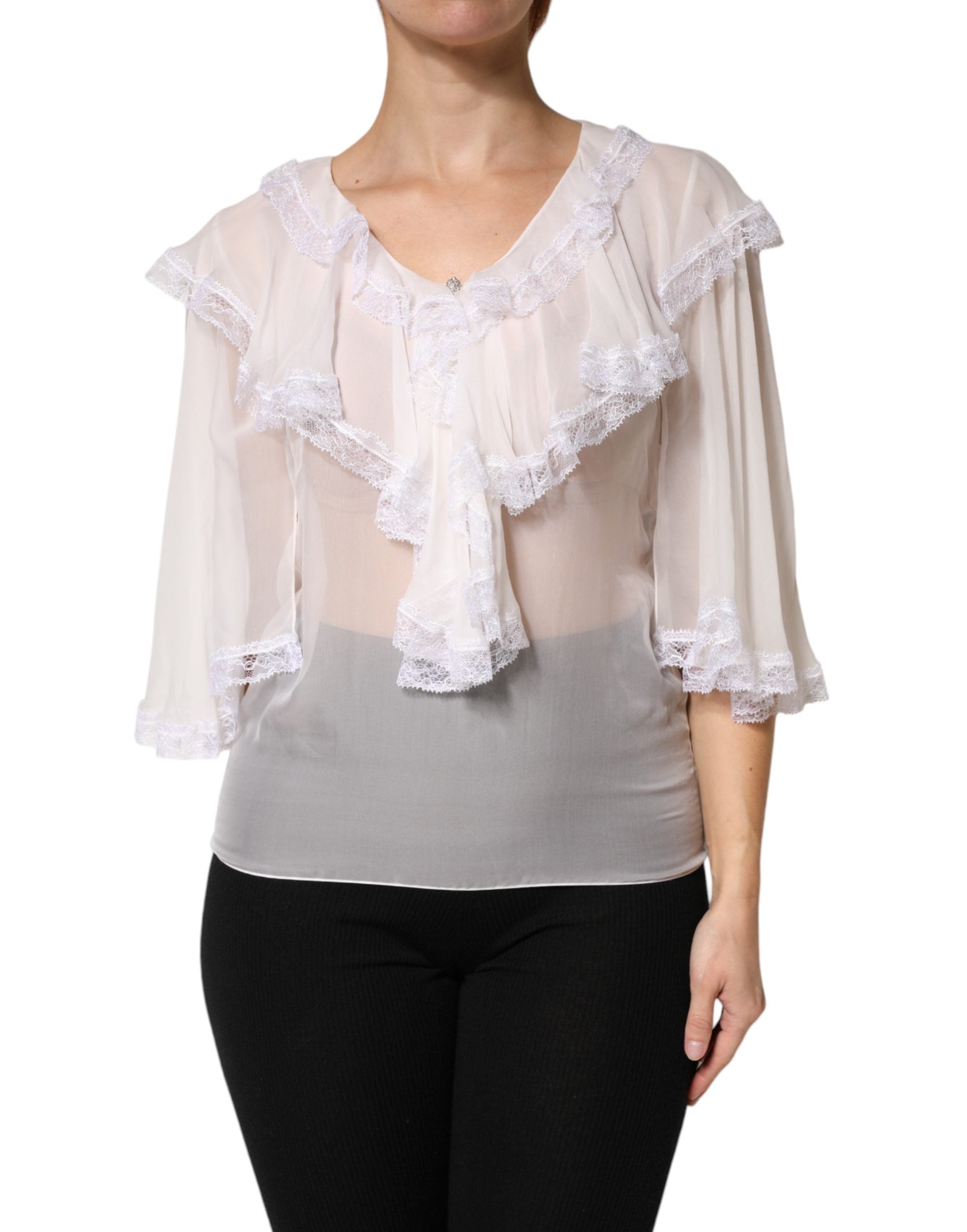 Dolce & Gabbana White LongSleeve Lace Trim Ruffled Blouse Top Dolce & Gabbana