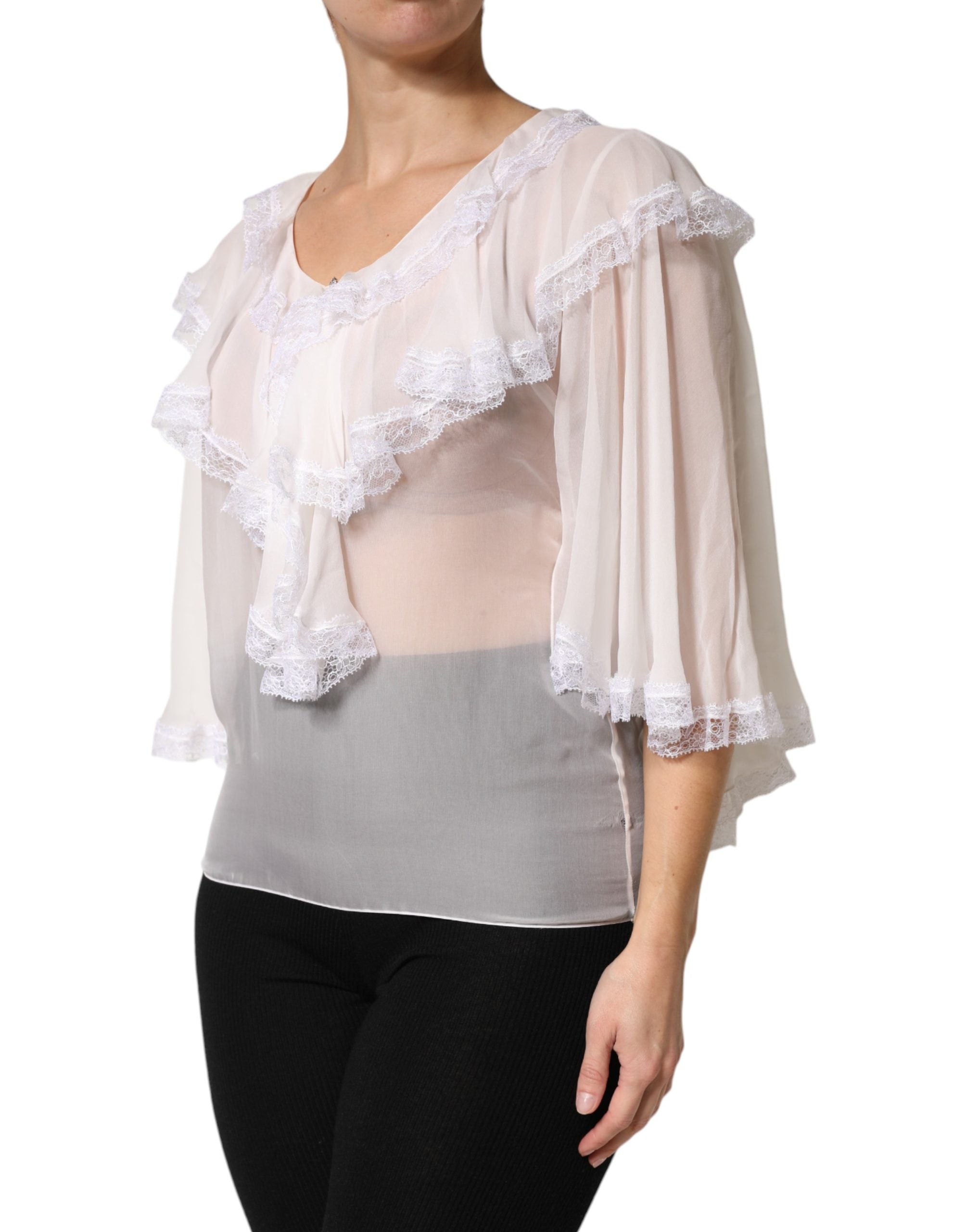 Dolce & Gabbana White LongSleeve Lace Trim Ruffled Blouse Top Dolce & Gabbana
