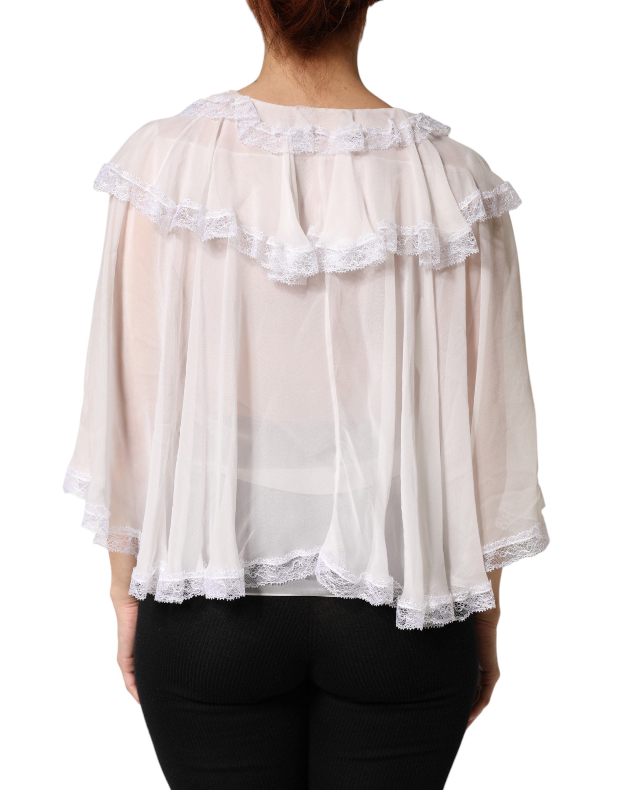 Dolce & Gabbana White LongSleeve Lace Trim Ruffled Blouse Top Dolce & Gabbana