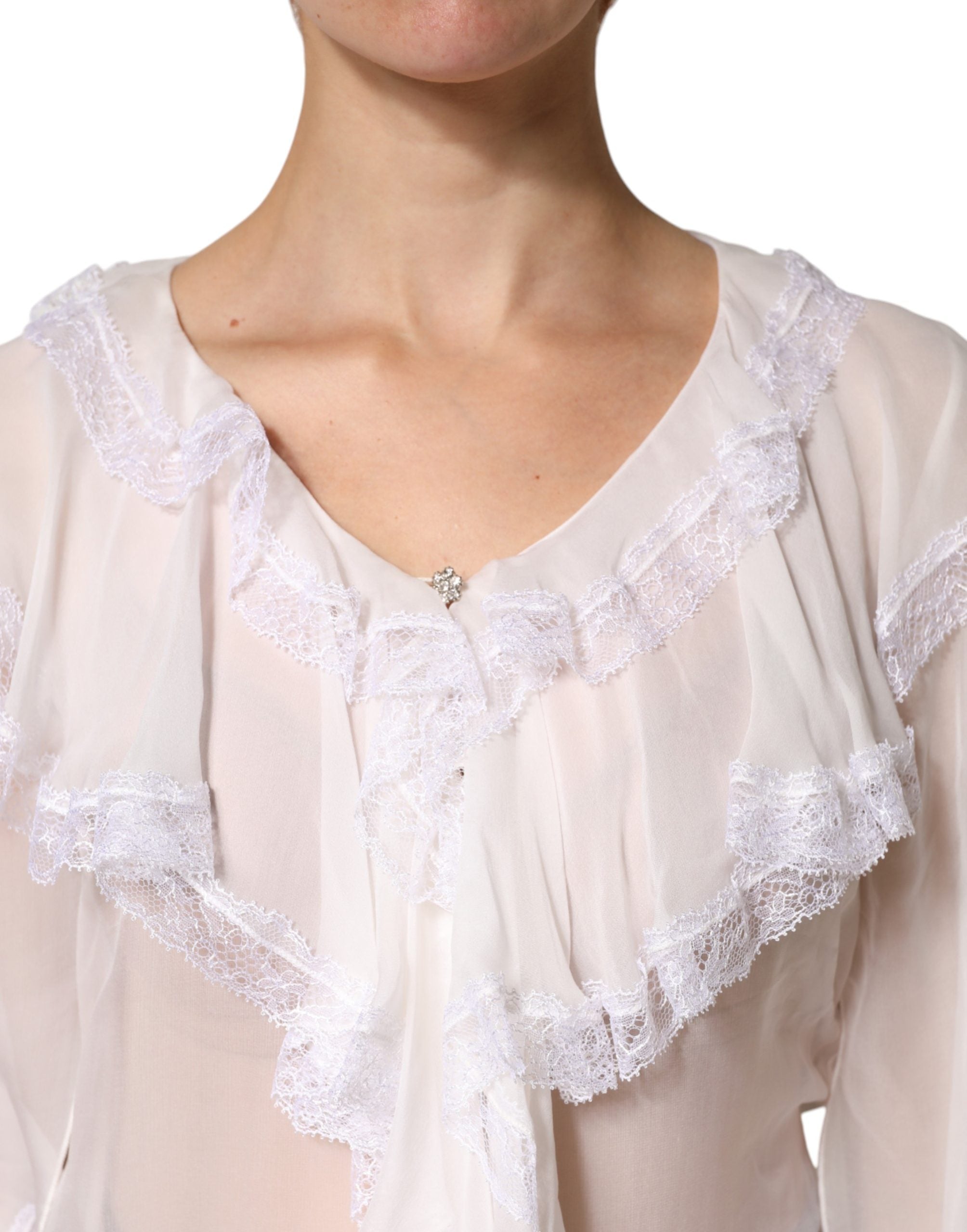 Dolce & Gabbana White LongSleeve Lace Trim Ruffled Blouse Top Dolce & Gabbana