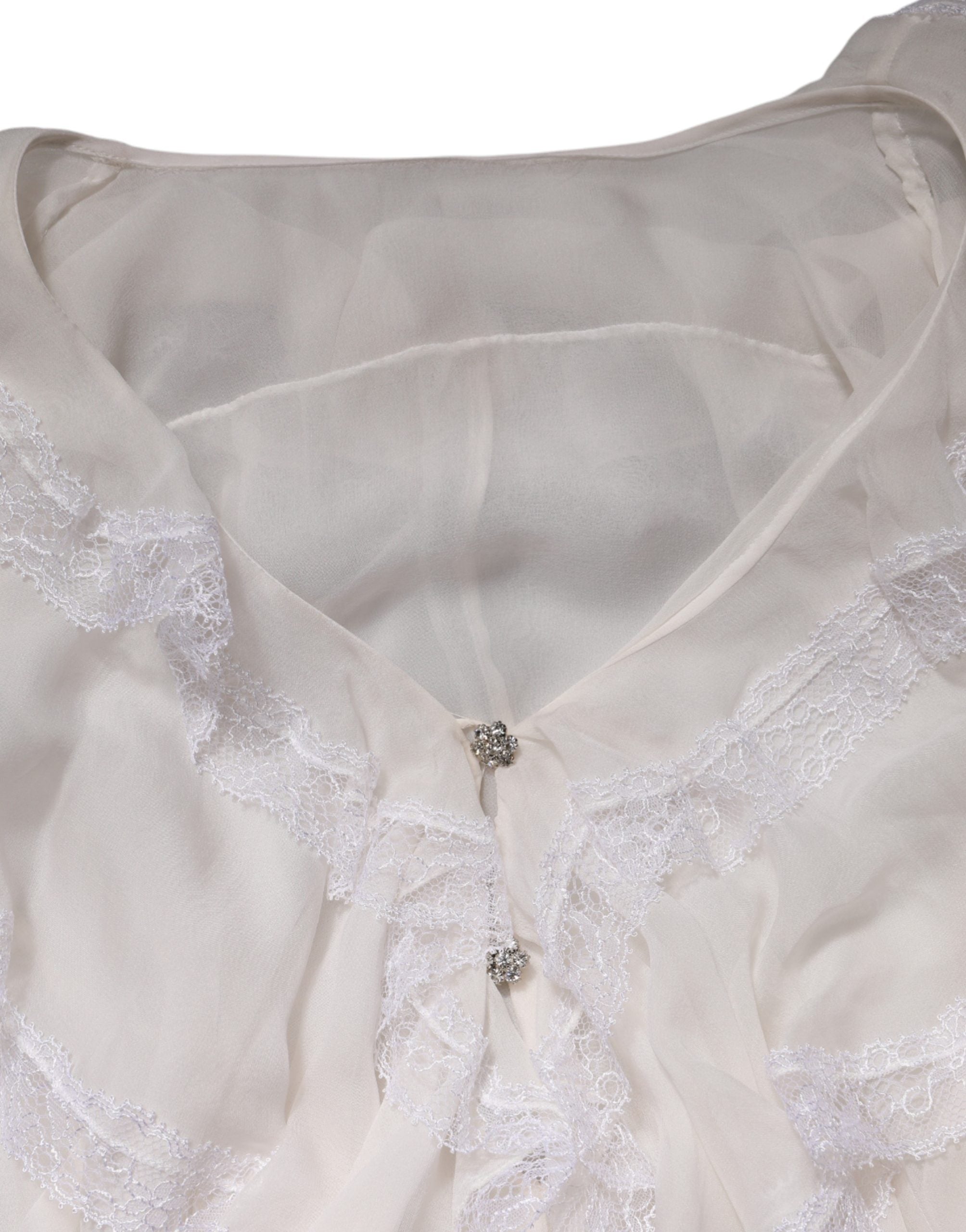 Dolce & Gabbana White LongSleeve Lace Trim Ruffled Blouse Top Dolce & Gabbana