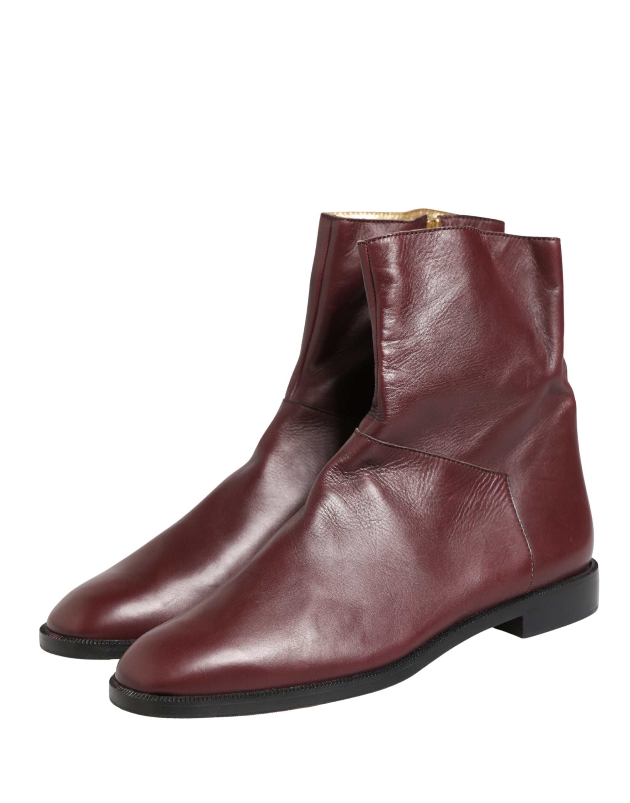 Dolce & Gabbana Maroon Leather Flats Biker Ankle Boots Shoes Dolce & Gabbana