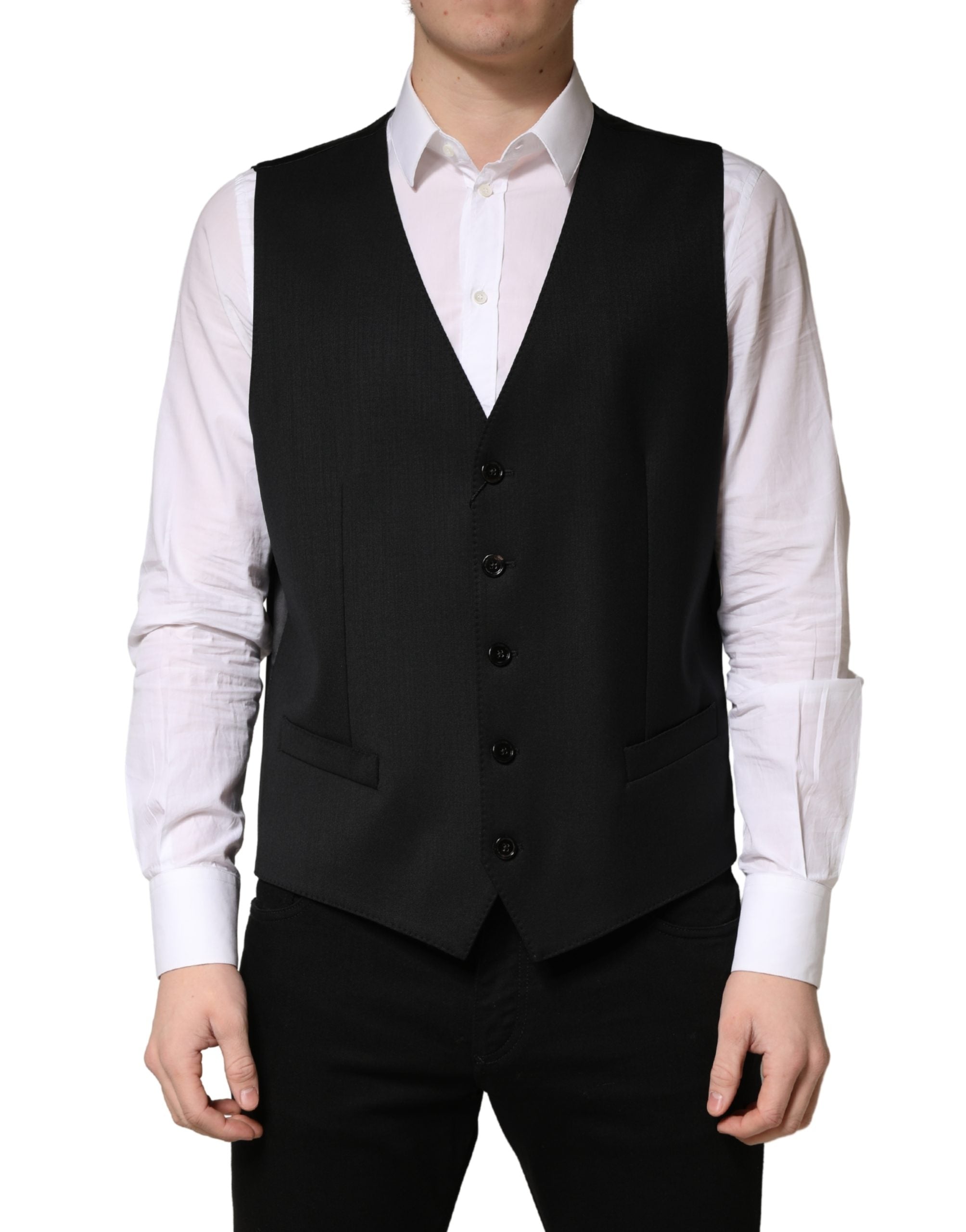 Dolce & Gabbana Black Wool Single Breasted Men Waistcoat Vest Dolce & Gabbana