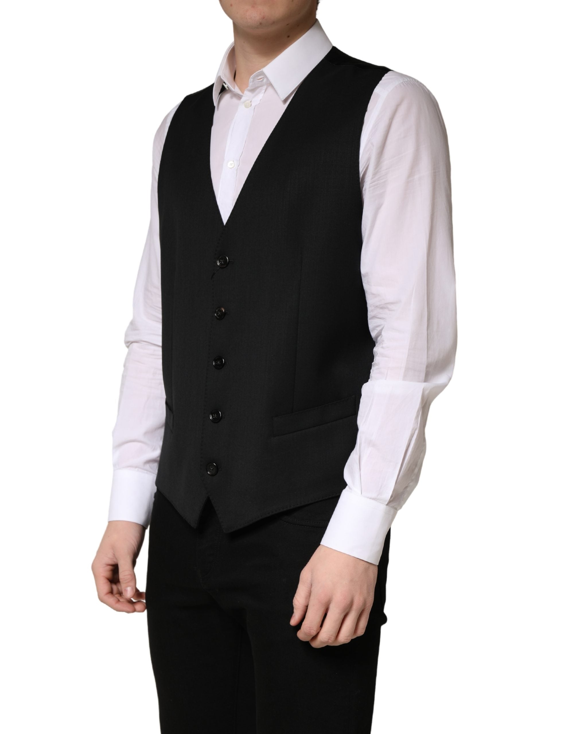 Dolce & Gabbana Black Wool Single Breasted Men Waistcoat Vest Dolce & Gabbana