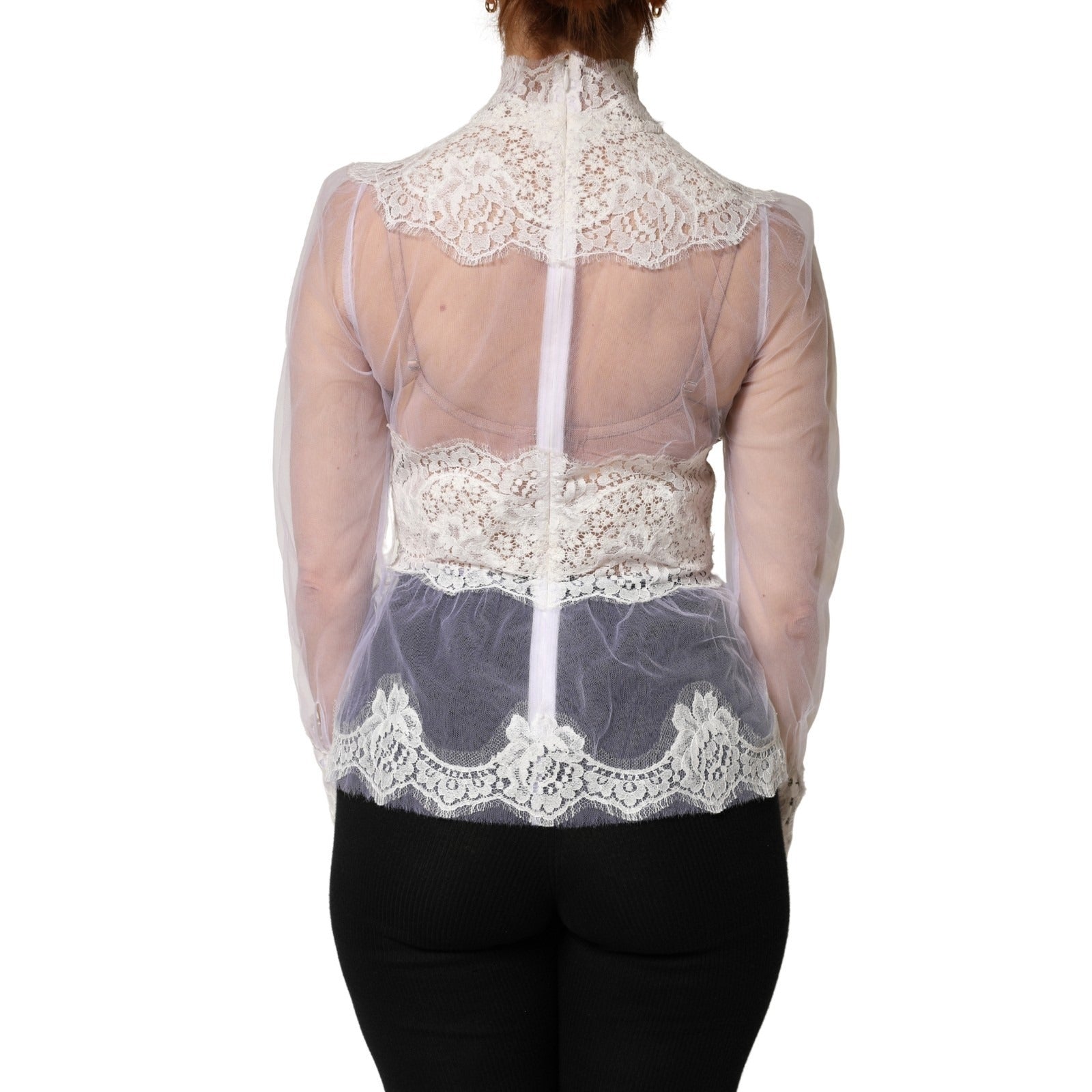 Dolce & Gabbana White Nylon Lace Tulle Sheer Long Sleeve Top Dolce & Gabbana