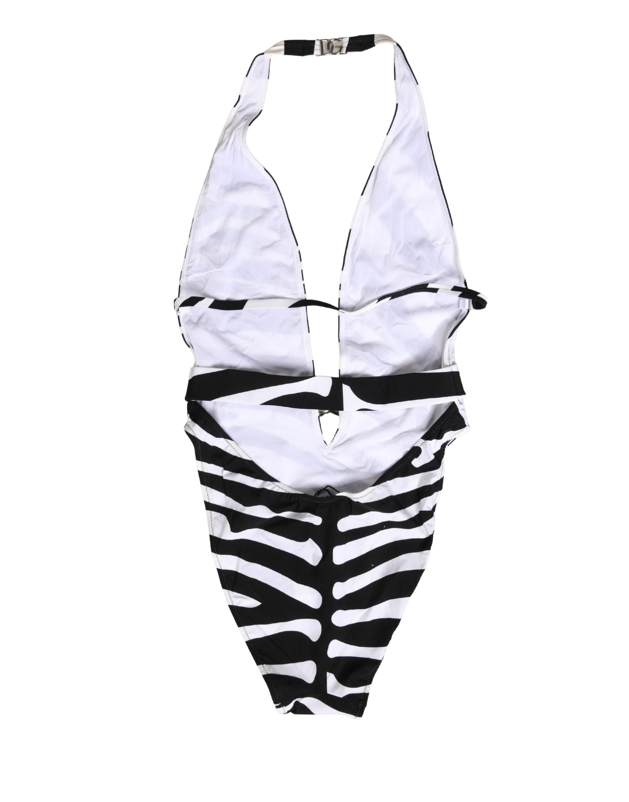 Dolce & Gabbana Black White Zebra Deep V-Neck One Piece Swimwear Dolce & Gabbana