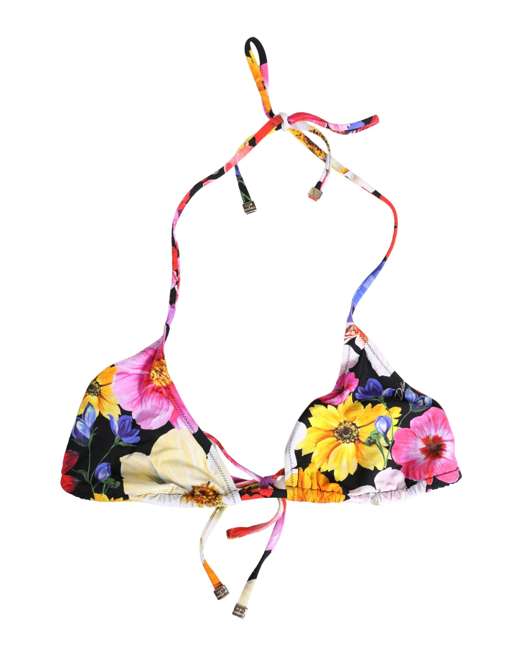Dolce & Gabbana Black Floral Print Nylon Halter Bikini Top Swimwear Dolce & Gabbana