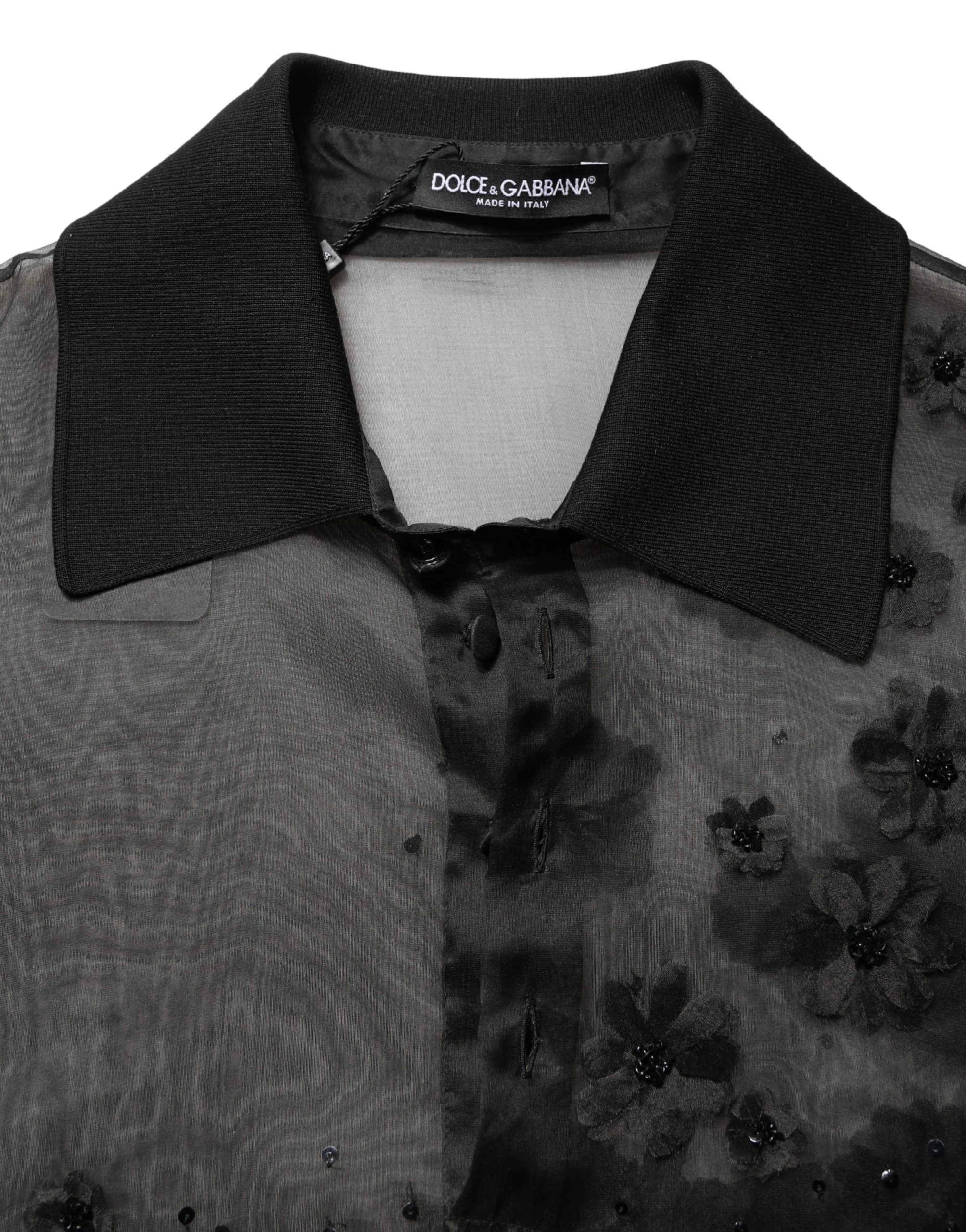 Dolce & Gabbana Black Floral Applique Sheer Short Sleeve Shirt Dolce & Gabbana
