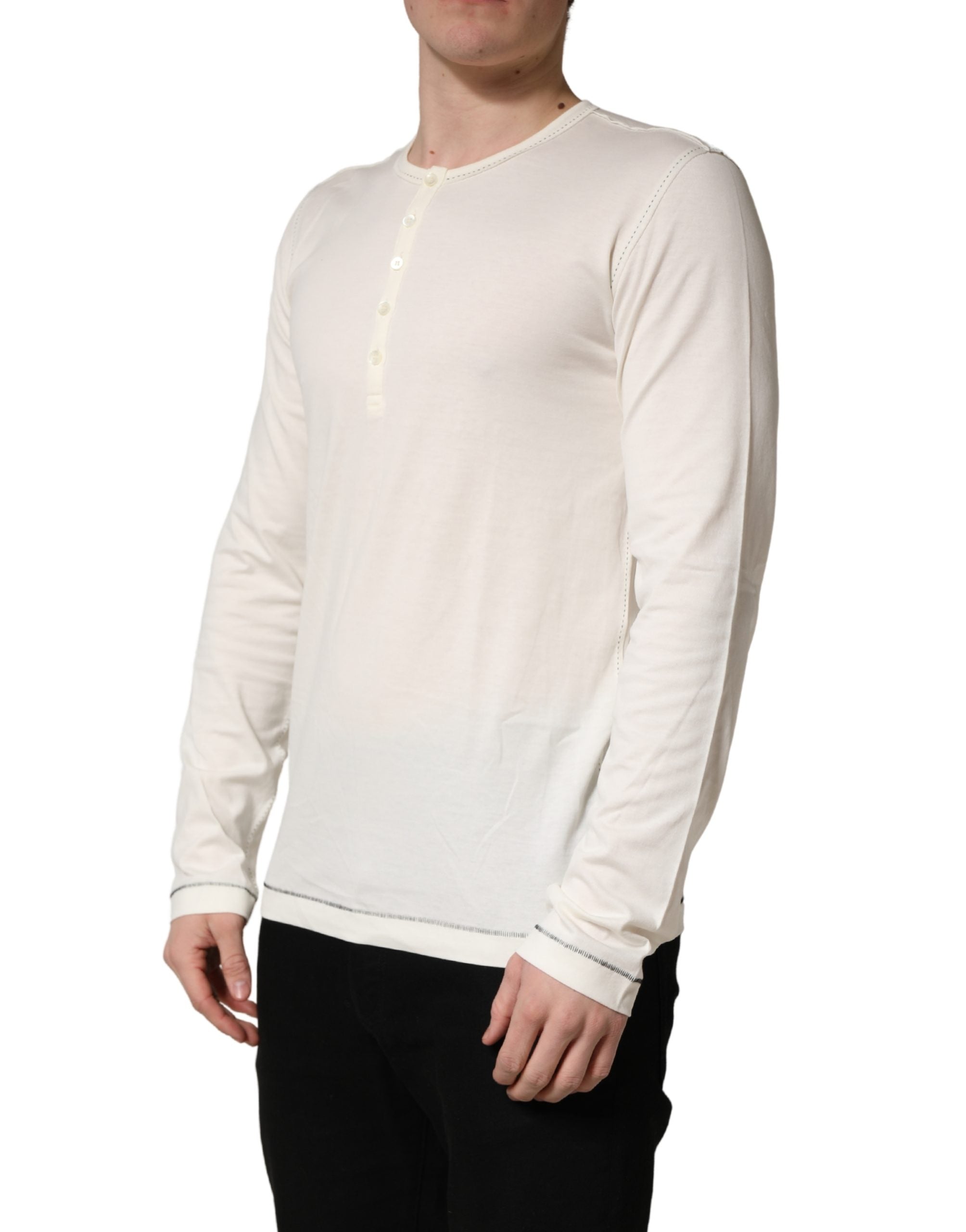 Dolce & Gabbana White Long Sleeves Henley Pullover Sweater Dolce & Gabbana