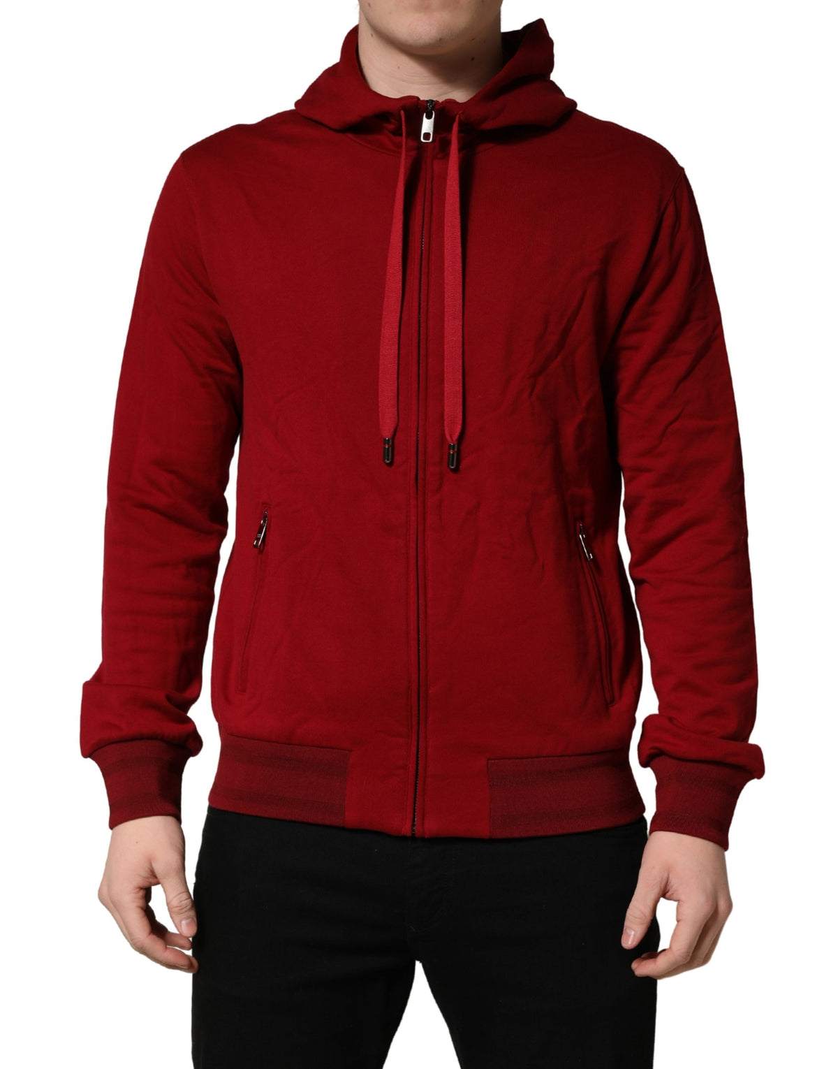 Dolce & Gabbana Red Cotton Full Zip Fleece Men Hoodie Sweater