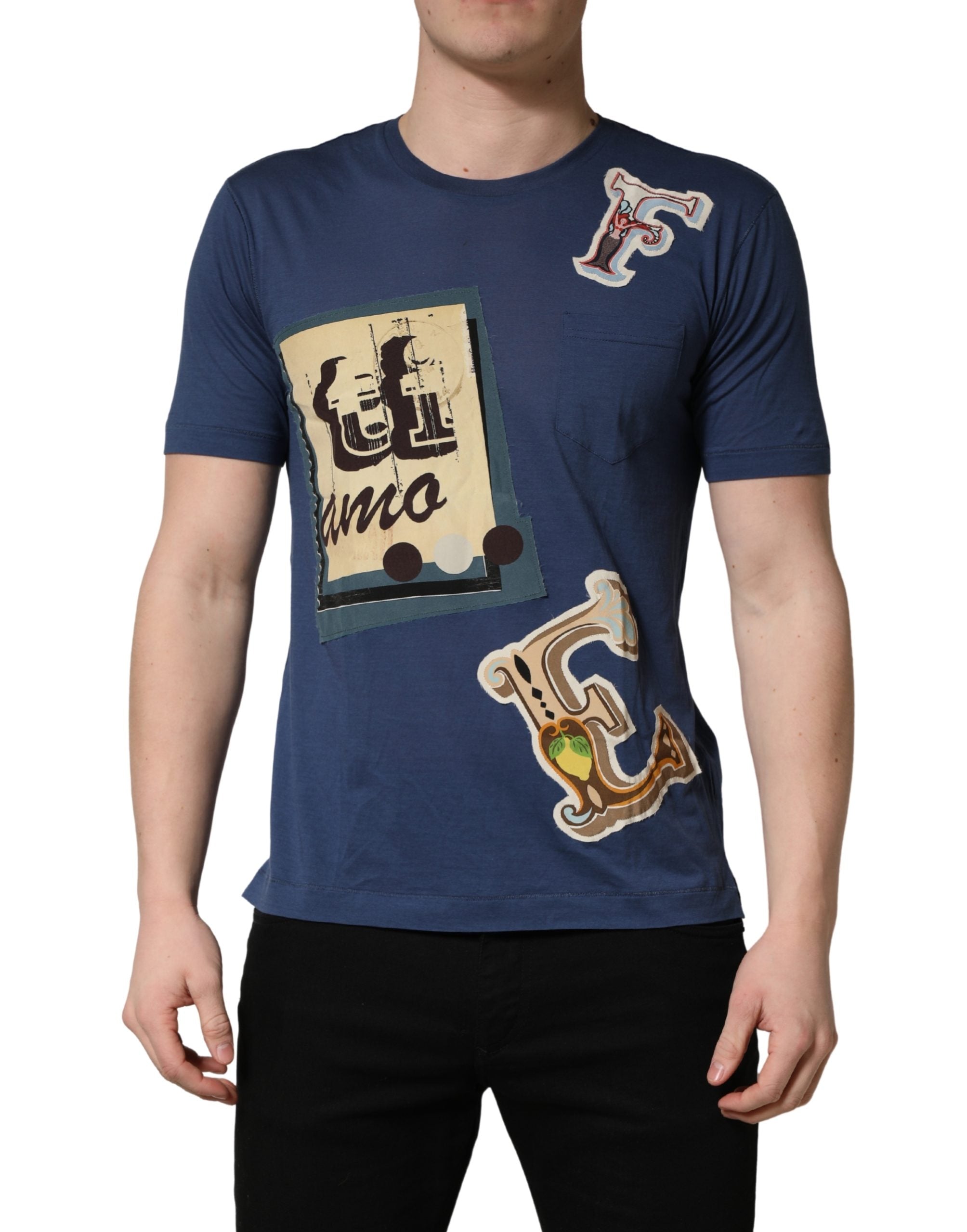Dolce & Gabbana Navy Blue Cotton Graphic Crew Neck T-shirt Dolce & Gabbana