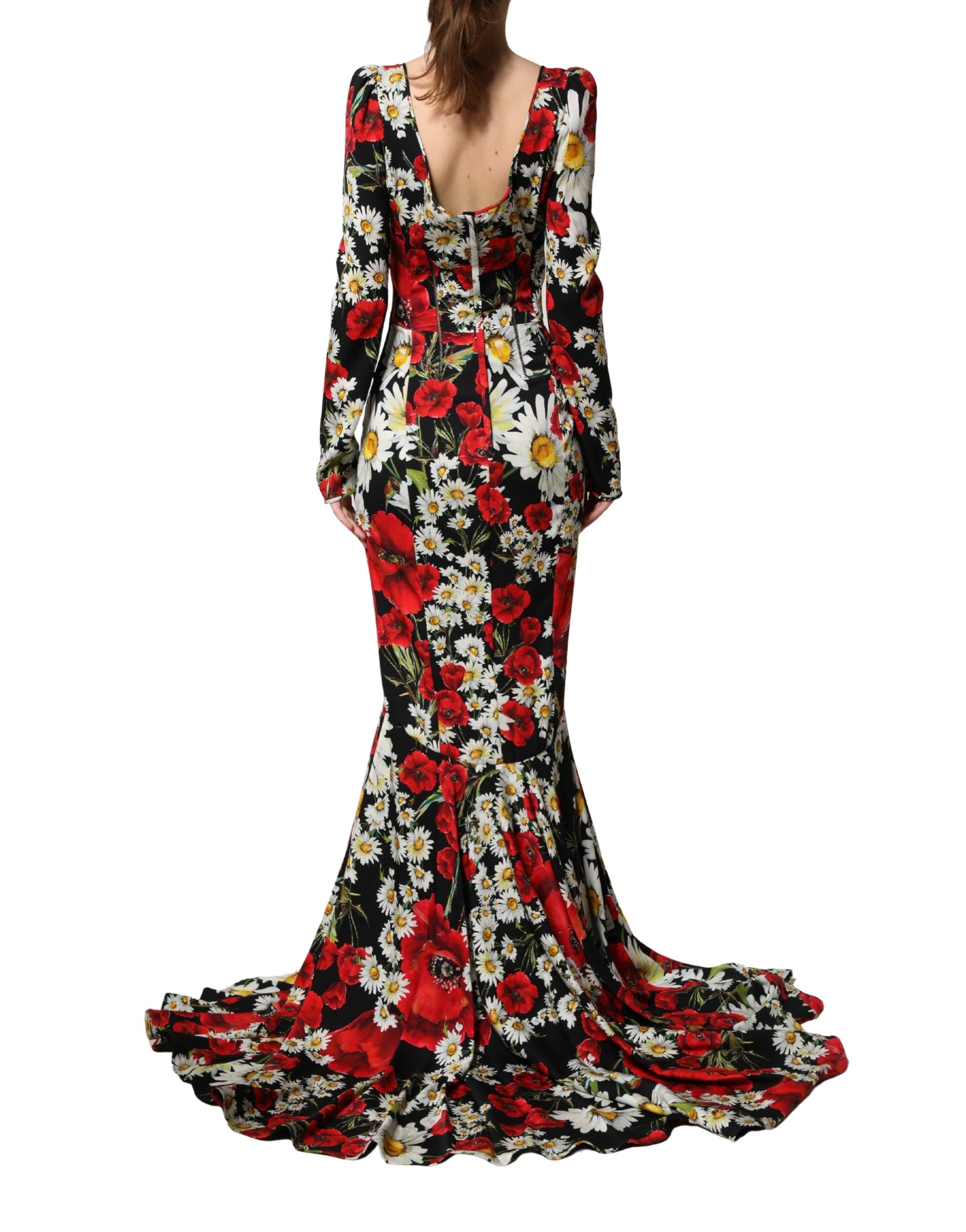 Dolce & Gabbana Black Floral Silk Long Sleeves Gown Dress Dolce & Gabbana