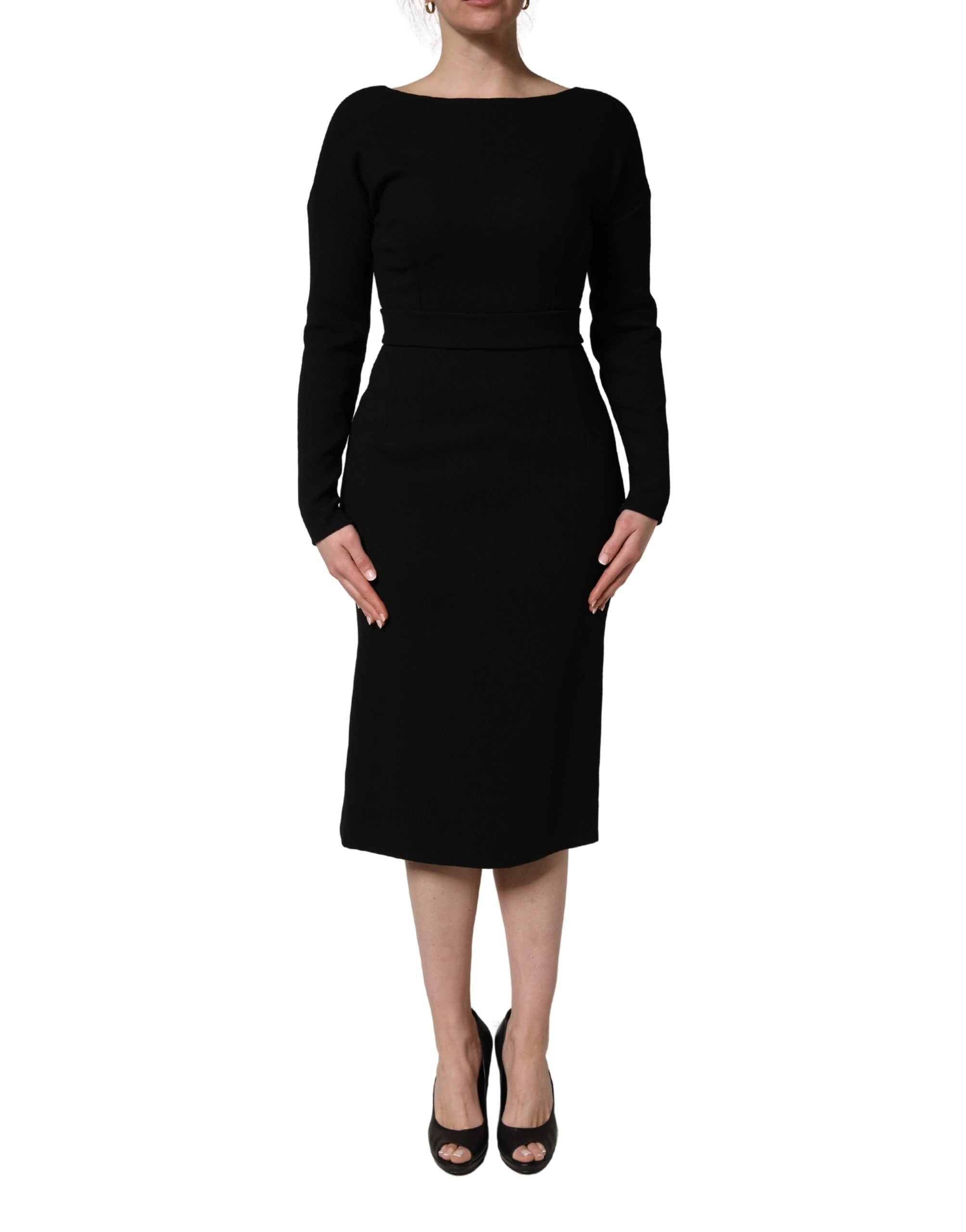 Dolce & Gabbana Black Wool Crepe Long Sleeves Midi Dress Dolce & Gabbana