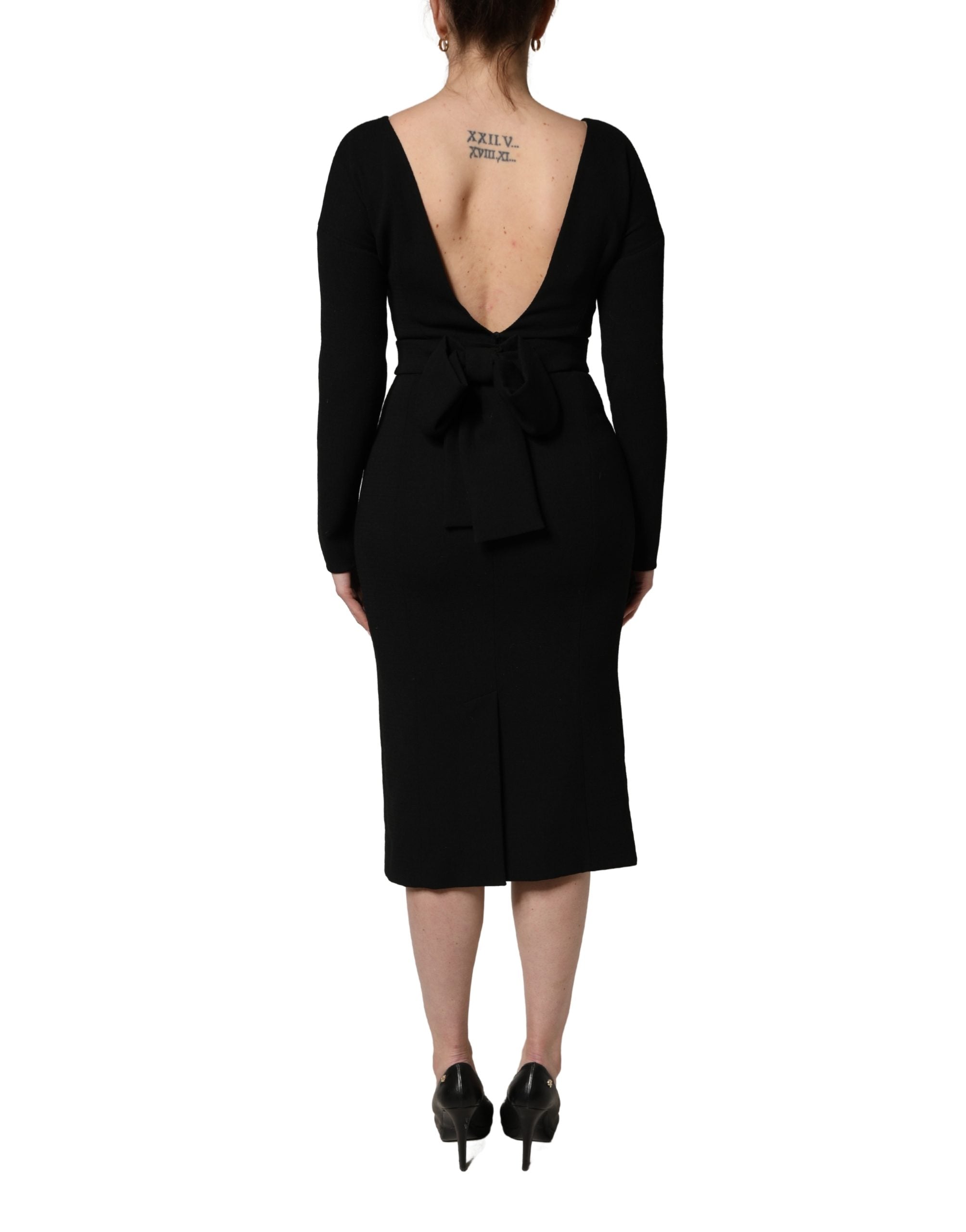 Dolce & Gabbana Black Wool Crepe Long Sleeves Midi Dress Dolce & Gabbana